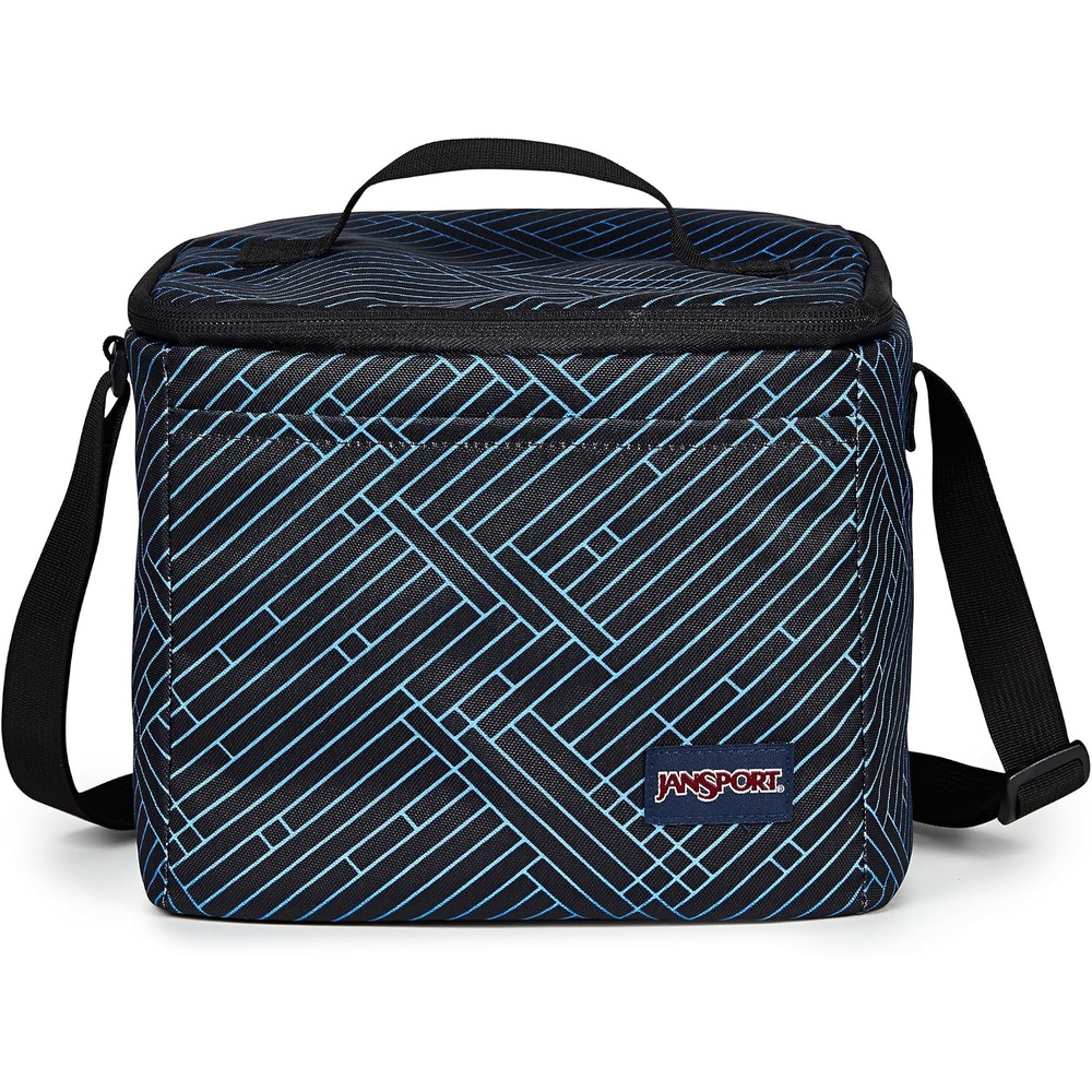 image:imageJanSport Super Snack Insulated Lunch Bag with BPAFree Liner Zipper Top Opening and Adjustable Shoulder Strap Pastel LilacTeam Stripes BlackBlackAzul