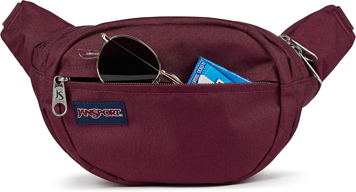 image:imageJanSport Fifth Avenue Fanny Pack Crossbody Bags for Women Men Stylish Durable Waist Bag with Adjustable Belt Main Zippered Pocket Quick Stash Pocket Travel Essentials Lavender AshCherry Lacquer