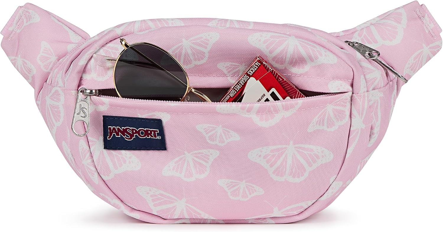image:imageJanSport Fifth Avenue Fanny Pack Crossbody Bags for Women Men Stylish Durable Waist Bag with Adjustable Belt Main Zippered Pocket Quick Stash Pocket Travel Essentials Lavender AshFlutter By Pink Ice