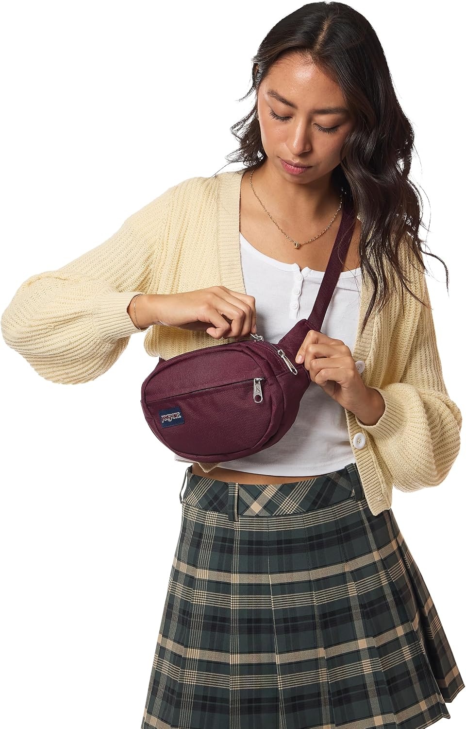 image:imageJanSport Fifth Avenue Fanny Pack Crossbody Bags for Women Men Stylish Durable Waist Bag with Adjustable Belt Main Zippered Pocket Quick Stash Pocket Travel Essentials Lavender AshCherry Lacquer