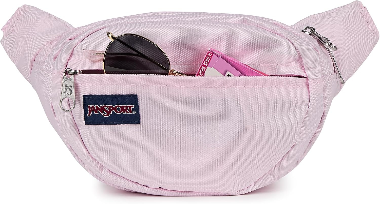 image:imageJanSport Fifth Avenue Fanny Pack Crossbody Bags for Women Men Stylish Durable Waist Bag with Adjustable Belt Main Zippered Pocket Quick Stash Pocket Travel Essentials Lavender AshPink Ice