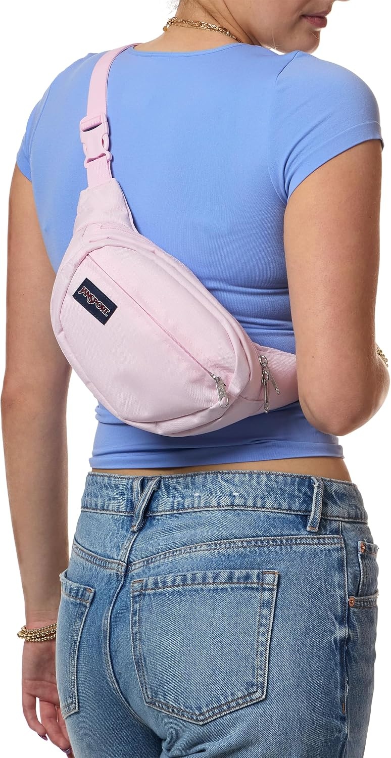 image:imageJanSport Fifth Avenue Fanny Pack Crossbody Bags for Women Men Stylish Durable Waist Bag with Adjustable Belt Main Zippered Pocket Quick Stash Pocket Travel Essentials Lavender AshPink Ice