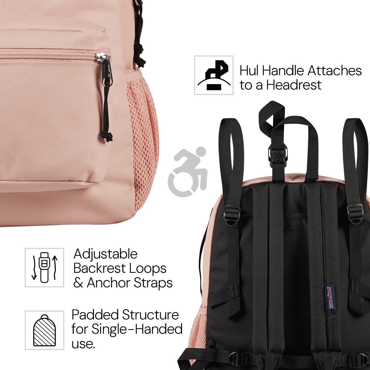 image:imageJanSport Central Adaptive Backpack Wheelchair amp Walker Compatible TuckAway Shoulder Straps Adjustable Backrest Loops amp Anchor Straps Iconic Design Bad BowsMisty Rose