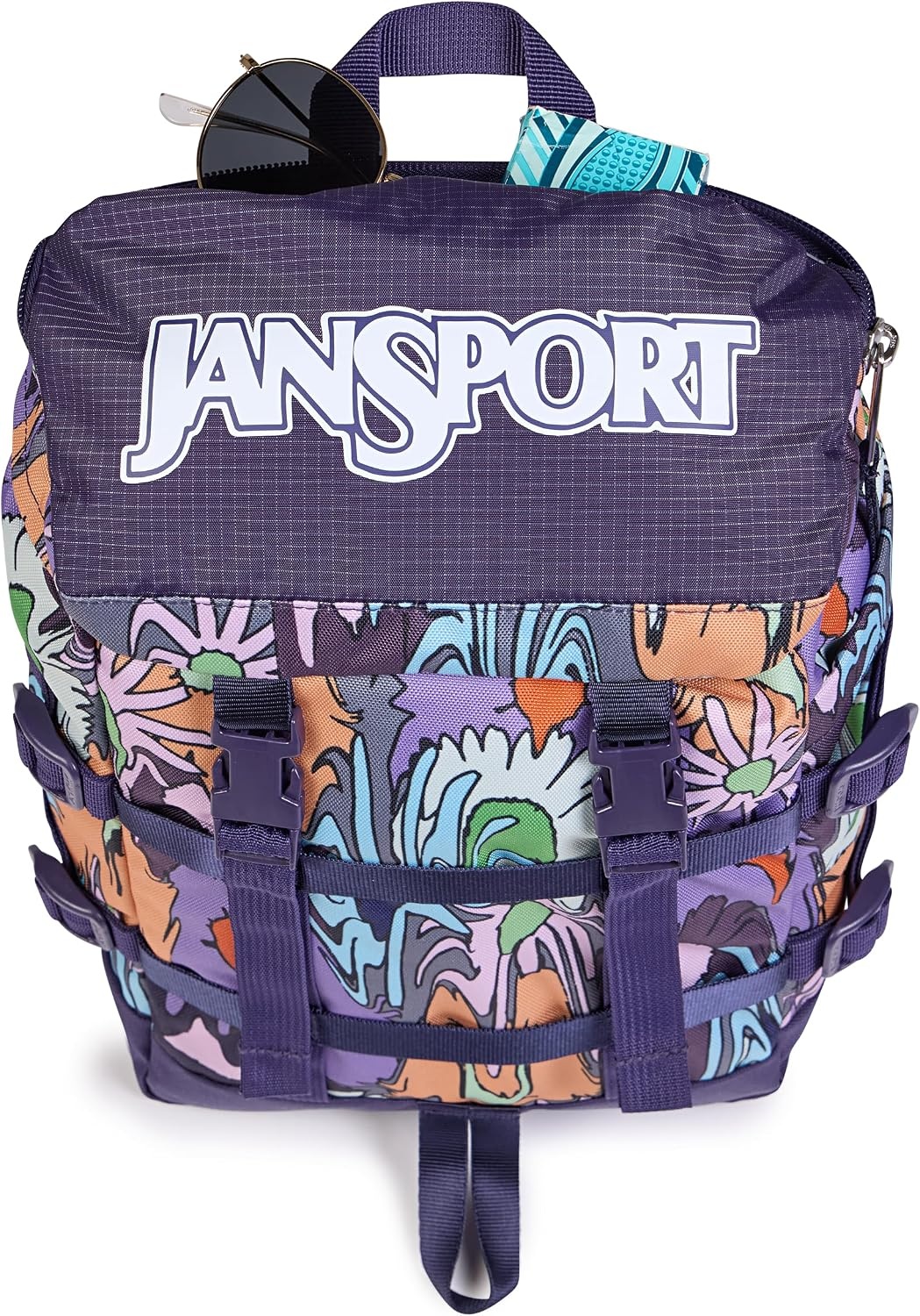 image:imageJanSport Mini Skip Pack Compact Backpack with Main Compartment Side Water Bottle Pocket and Zippered Accessory Pocket Red TapeMelted Blooms Yellow