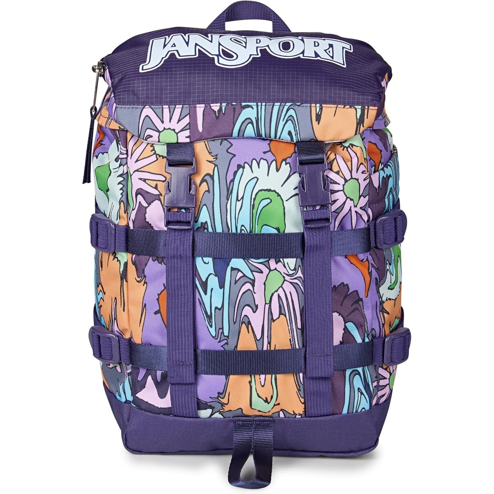 image:imageJanSport Mini Skip Pack Compact Backpack with Main Compartment Side Water Bottle Pocket and Zippered Accessory Pocket Red TapeMelted Blooms Yellow