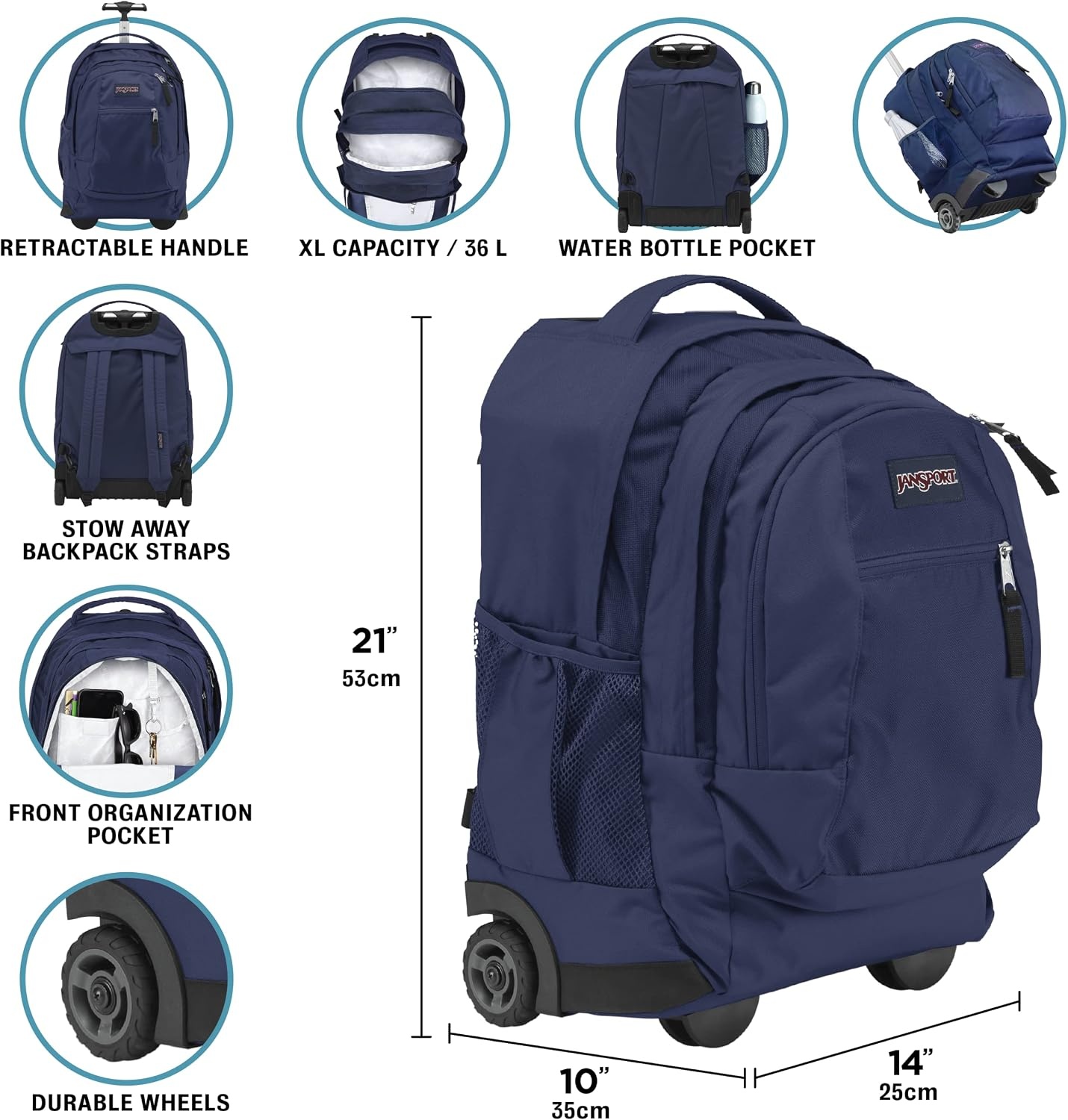 image:imageJanSport Driver 8 Rolling Backpack Wheeled Travel Bag with 15Inch Laptop Sleeve One Size BlackBlack