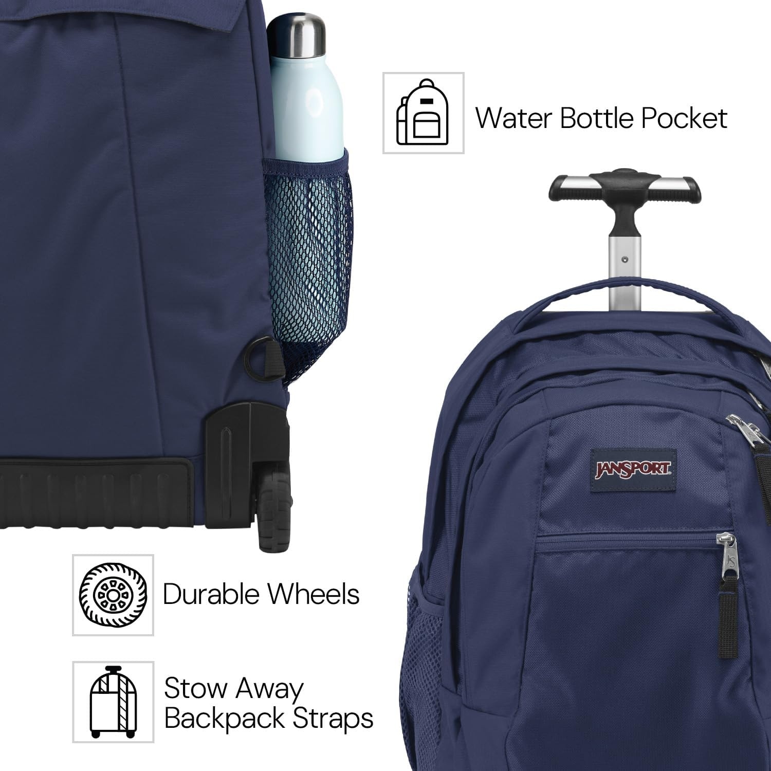 image:imageJanSport Driver 8 Rolling Backpack Wheeled Travel Bag with 15Inch Laptop Sleeve One Size BlackNavy