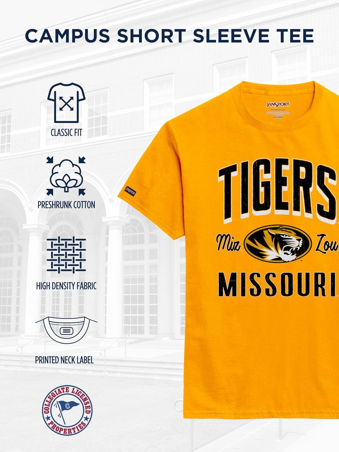 image:imageJanSport NCAA Officially Licensed Campus Short Sleeve T Shirt for Men Soft amp Breathable PreShrunk Cotton Crewneck T ShirtMissouri Tigers