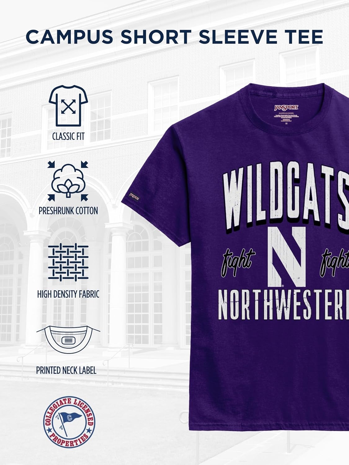 image:imageJanSport NCAA Officially Licensed Campus Short Sleeve T Shirt for Men Soft amp Breathable PreShrunk Cotton Crewneck T ShirtNorthwestern Wildcats
