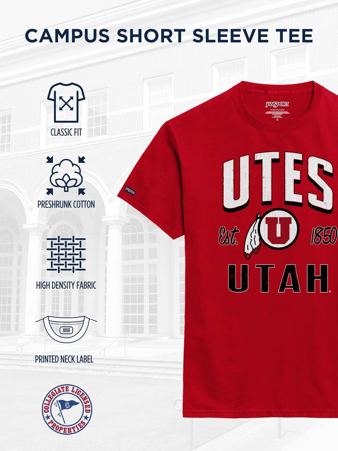 image:imageJanSport NCAA Officially Licensed Campus Short Sleeve T Shirt for Men Soft amp Breathable PreShrunk Cotton Crewneck T ShirtUtah Utes