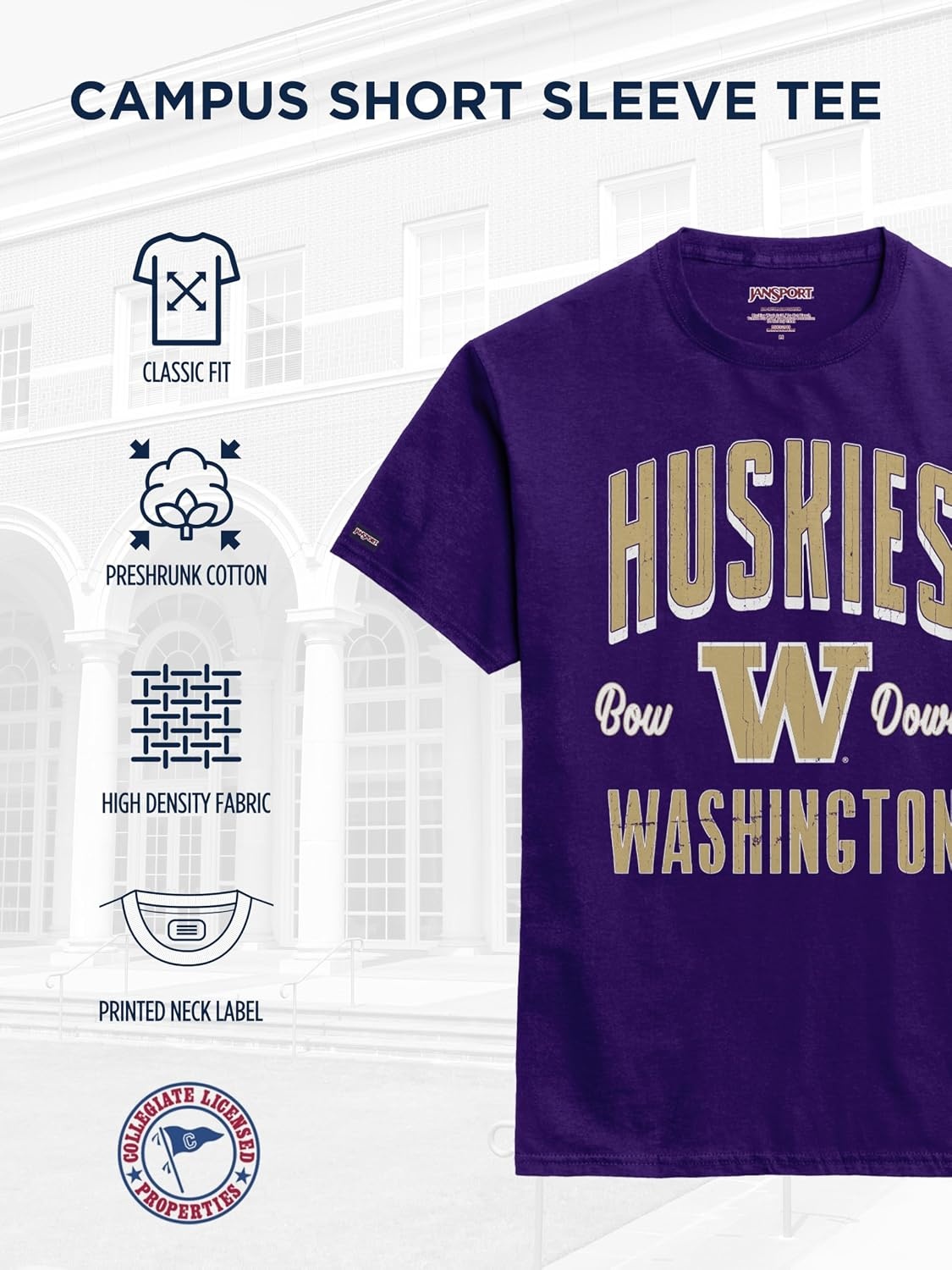 image:imageJanSport NCAA Officially Licensed Campus Short Sleeve T Shirt for Men Soft amp Breathable PreShrunk Cotton Crewneck T ShirtWashington Huskies