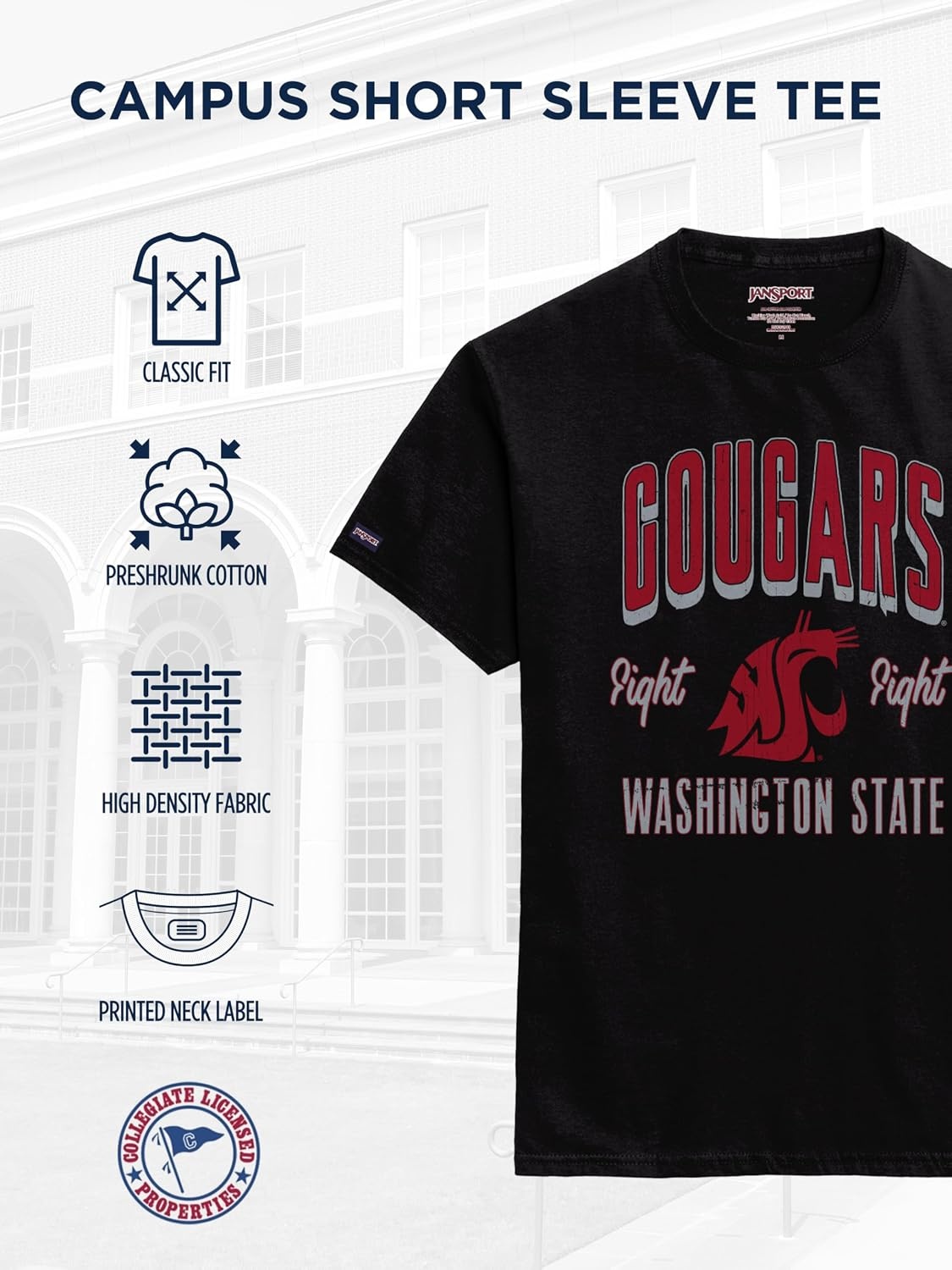 image:imageJanSport NCAA Officially Licensed Campus Short Sleeve T Shirt for Men Soft amp Breathable PreShrunk Cotton Crewneck T ShirtWashington State Cougars