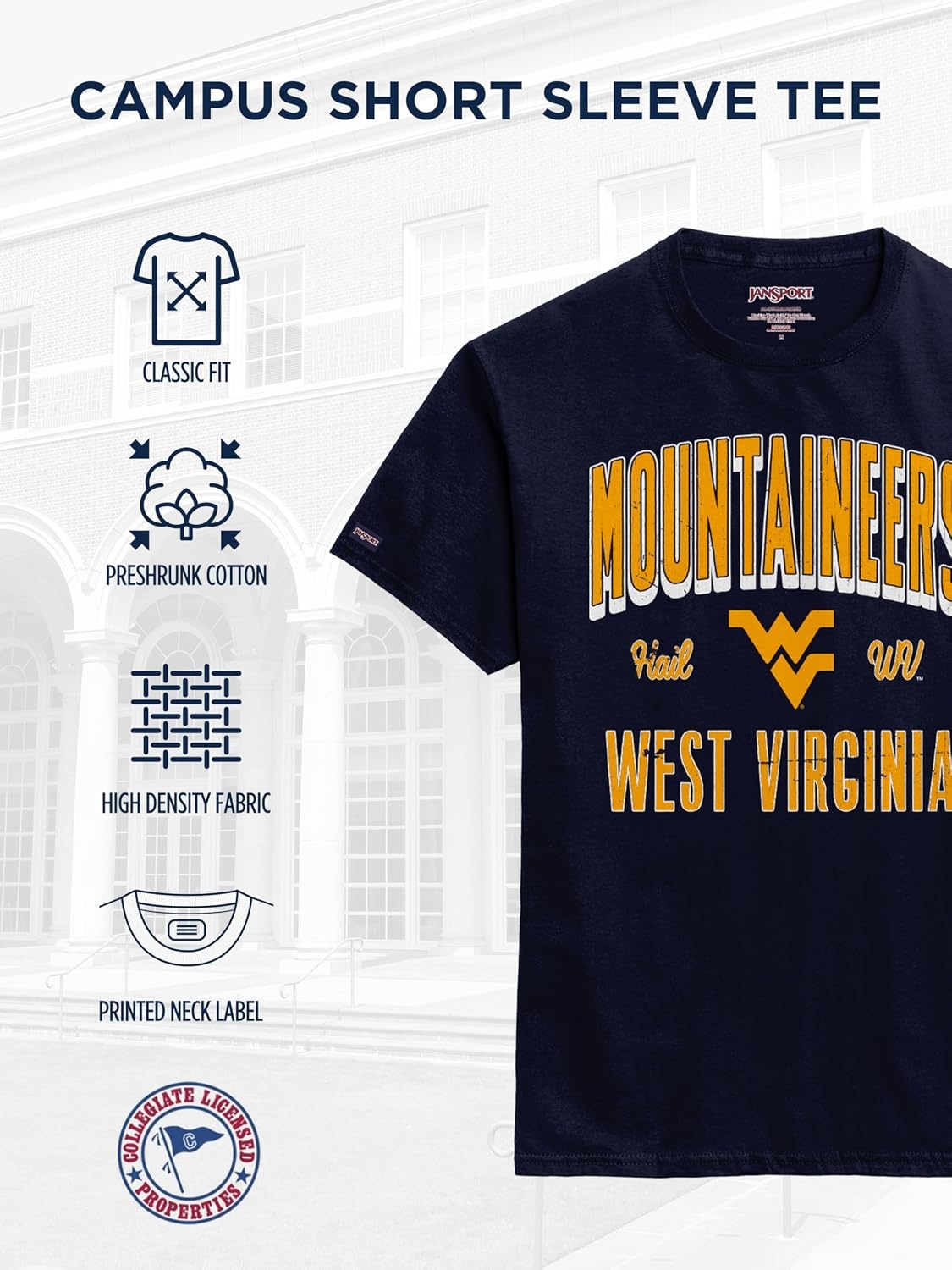 image:imageJanSport NCAA Officially Licensed Campus Short Sleeve T Shirt for Men Soft amp Breathable PreShrunk Cotton Crewneck T ShirtWest Virginia Mountaineers