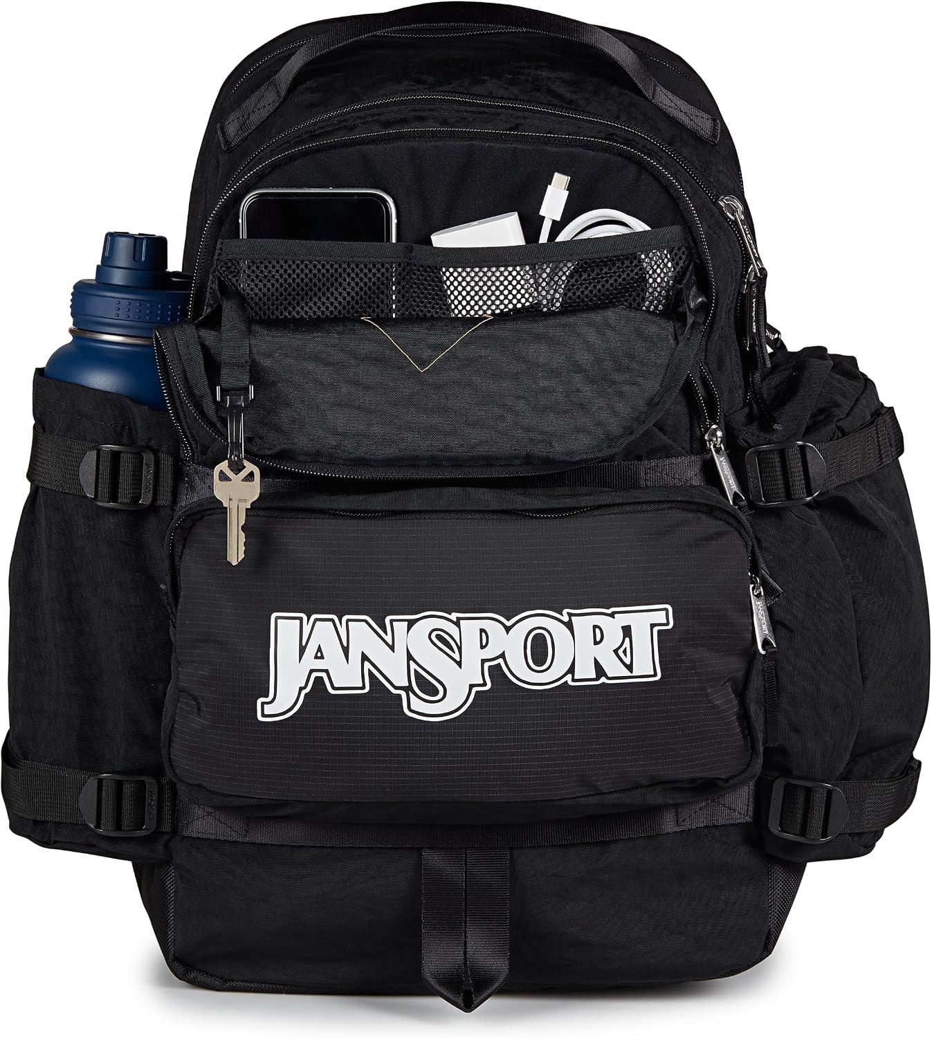image:imageJanSport Seattle Pack Durable Backpack with Main Compartment Dual Water Bottle Pockets Lined Laptop Sleeve TravertineBlack