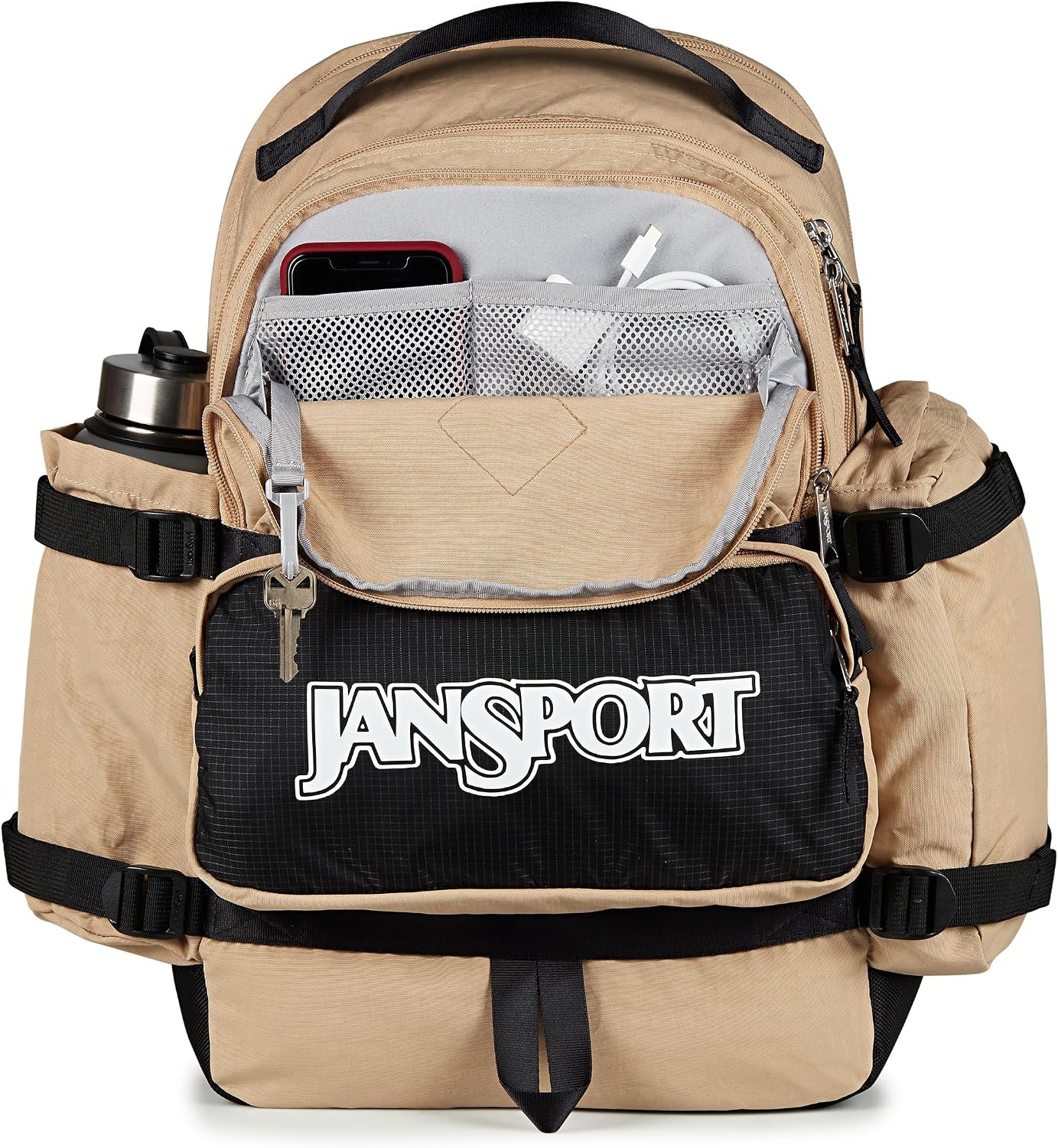 image:imageJanSport Seattle Pack Durable Backpack with Main Compartment Dual Water Bottle Pockets Lined Laptop Sleeve TravertineTravertine