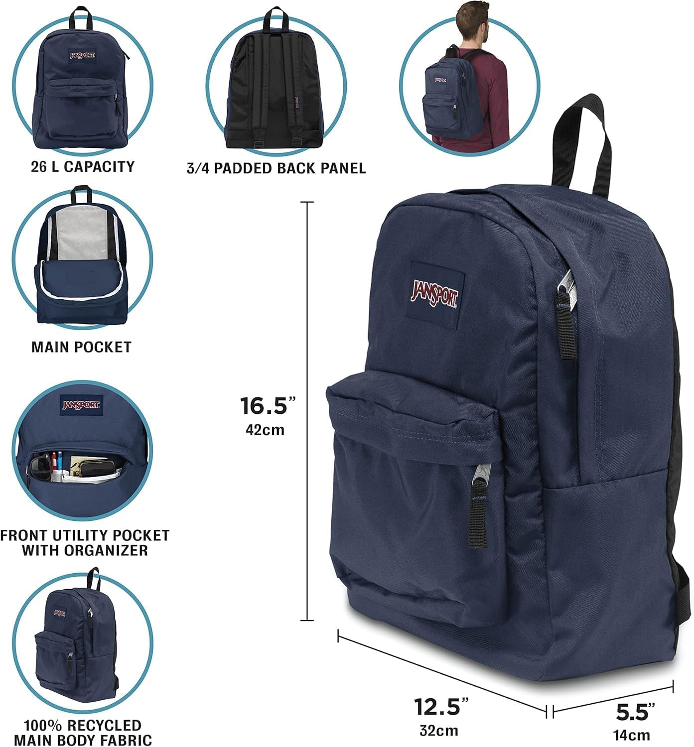 image:imageJanSport SuperBreak One Backpack Navy Durable Lightweight Bag with 1 Main Compartment Front Utility Pocket with Builtin Organizer Premium BackpackHiblisscus