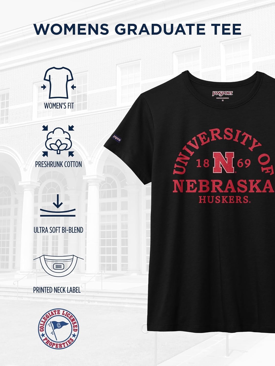 image:imageJanSport NCAA Officially Licensed Graduate Short Sleeve T Shirt for Women Soft amp Breathable CottonPolyester Blend Crewneck T Shirt with Graphic Detailing Everyday University Fan ApparelNebraska Cornhuskers