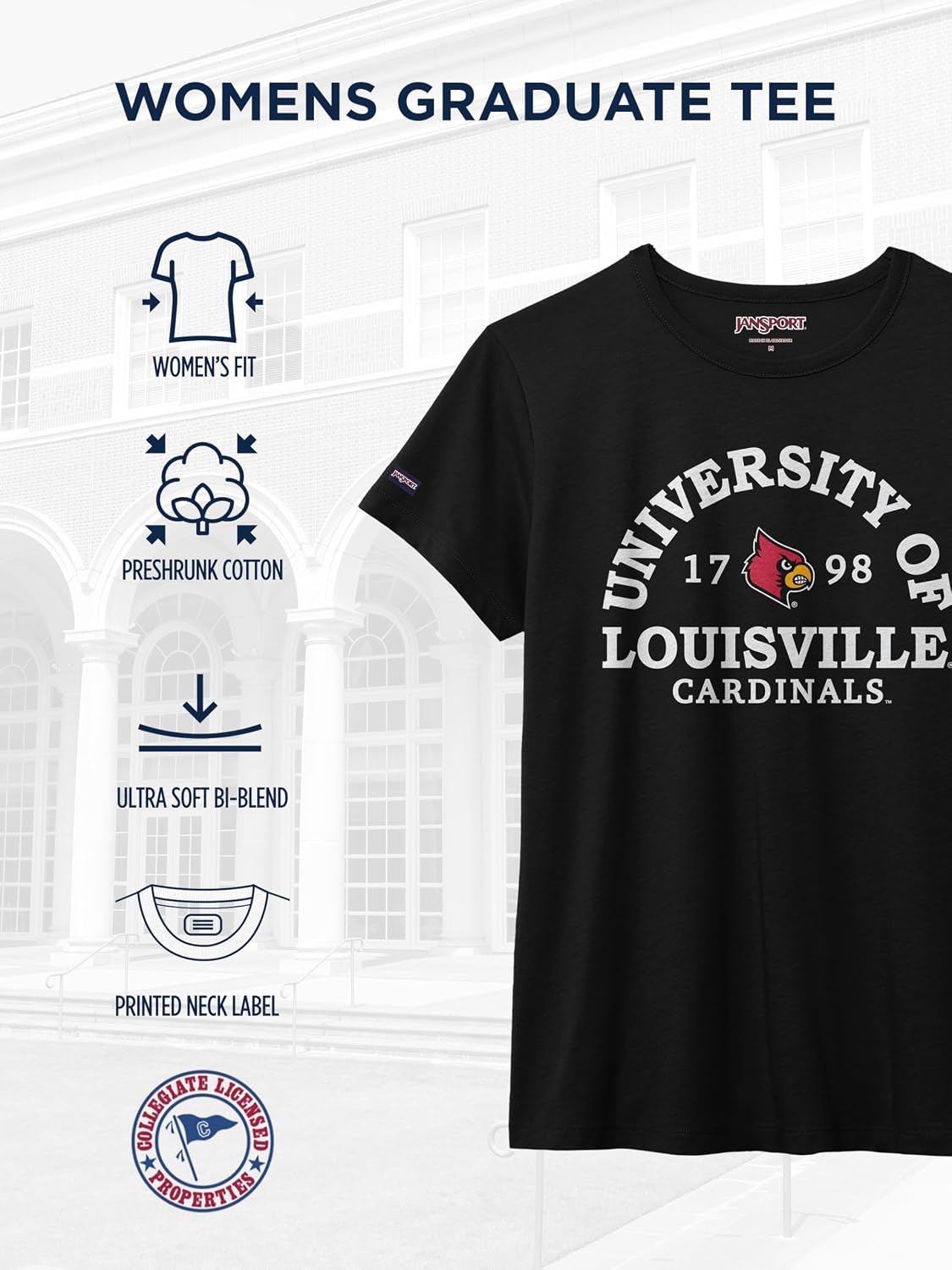 image:imageJanSport NCAA Officially Licensed Graduate Short Sleeve T Shirt for Women Soft amp Breathable CottonPolyester Blend Crewneck T Shirt with Graphic Detailing Everyday University Fan ApparelLouisville Cardinals