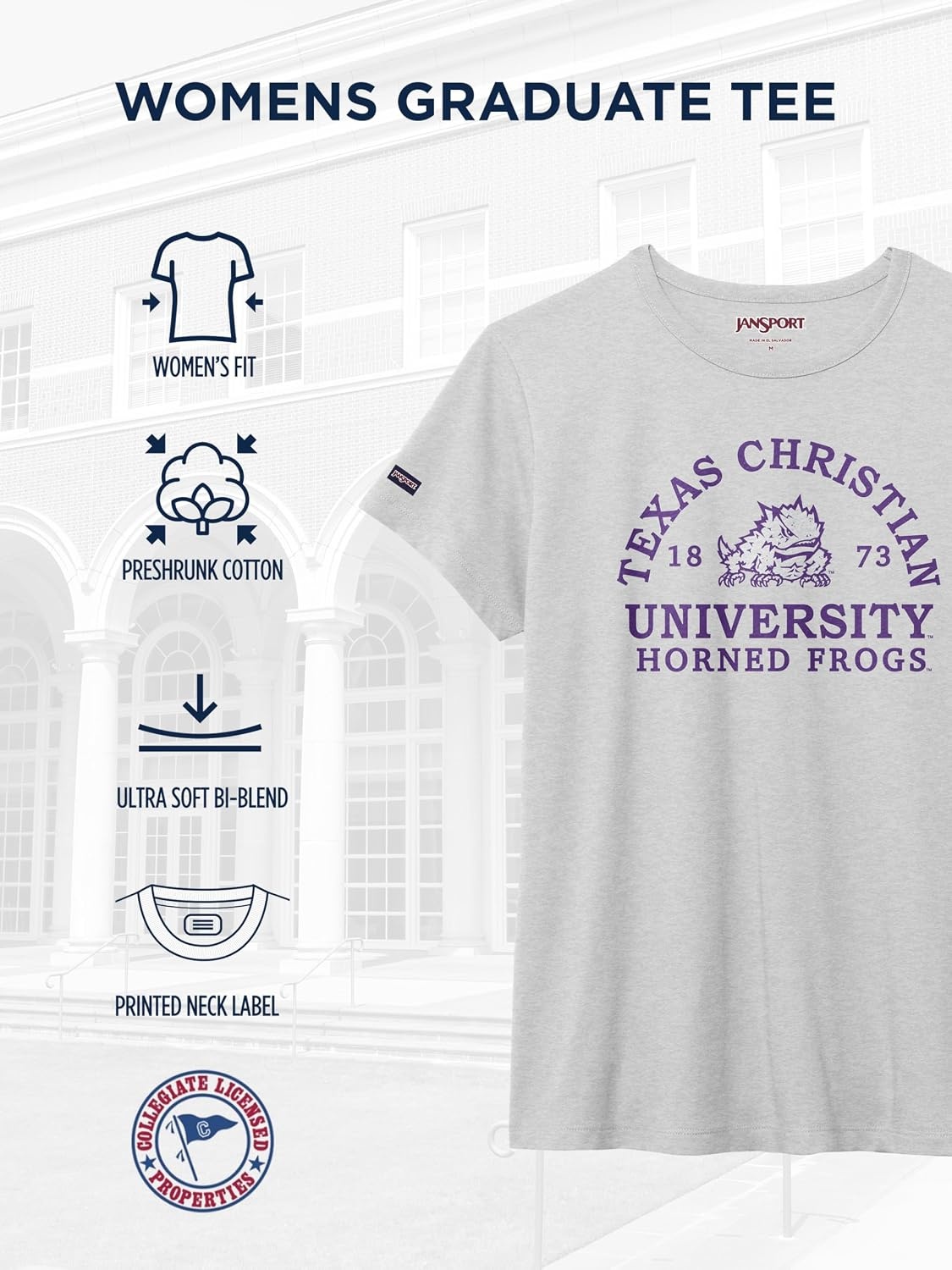 image:imageJanSport NCAA Officially Licensed Graduate Short Sleeve T Shirt for Women Soft amp Breathable CottonPolyester Blend Crewneck T Shirt with Graphic Detailing Everyday University Fan ApparelTCU Horned Frogs