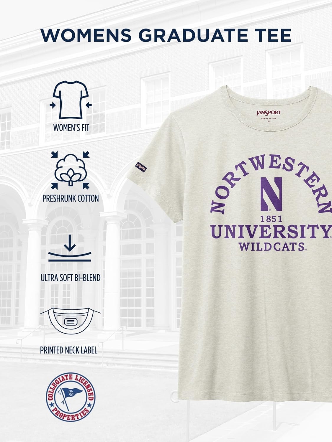 image:imageJanSport NCAA Officially Licensed Graduate Short Sleeve T Shirt for Women Soft amp Breathable CottonPolyester Blend Crewneck T Shirt with Graphic Detailing Everyday University Fan ApparelNorthwestern Wildcats
