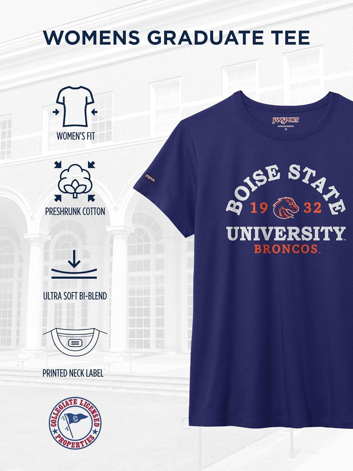 image:imageJanSport NCAA Officially Licensed Graduate Short Sleeve T Shirt for Women Soft amp Breathable CottonPolyester Blend Crewneck T Shirt with Graphic Detailing Everyday University Fan ApparelBoise State Broncos