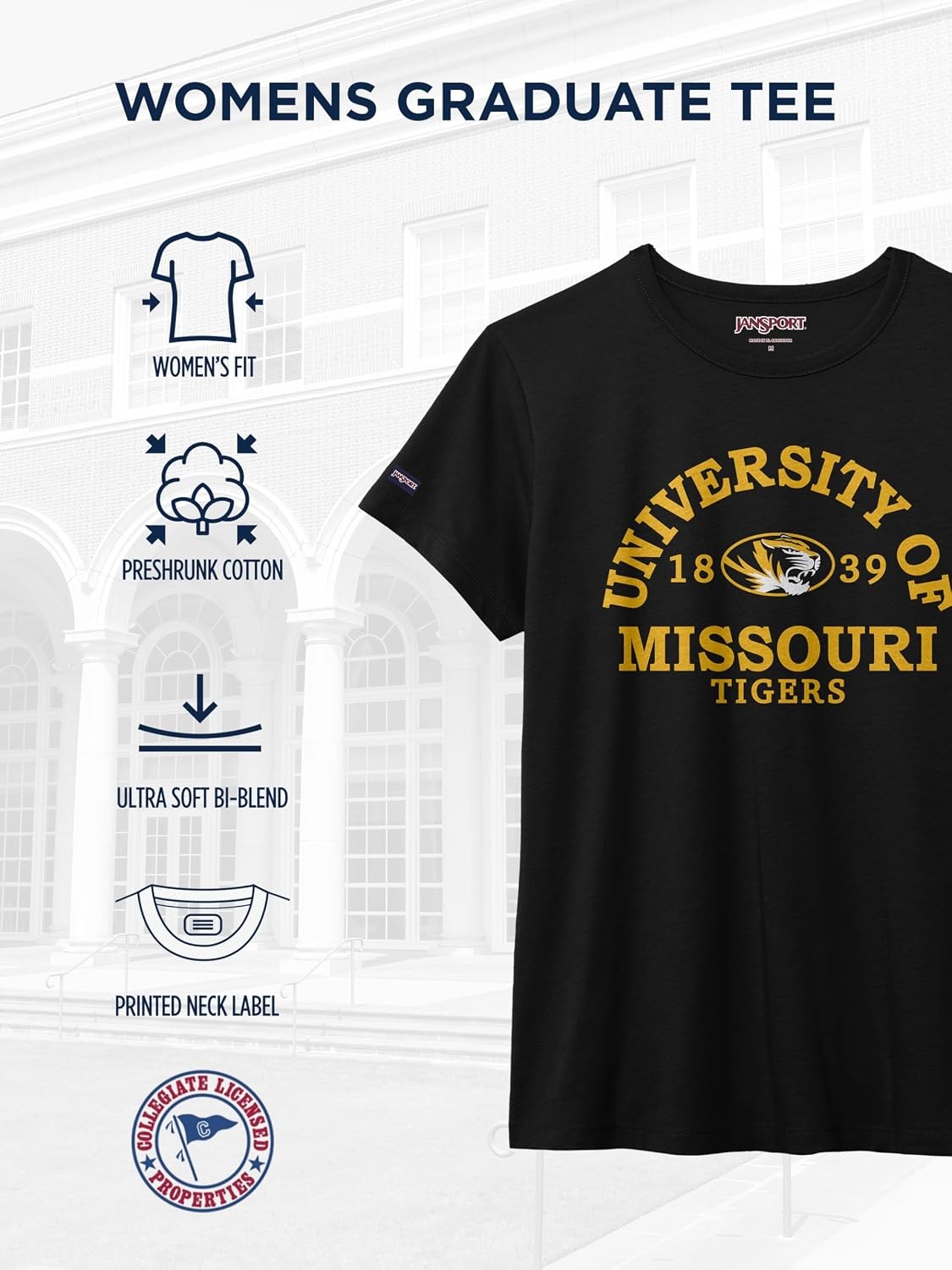 image:imageJanSport NCAA Officially Licensed Graduate Short Sleeve T Shirt for Women Soft amp Breathable CottonPolyester Blend Crewneck T Shirt with Graphic Detailing Everyday University Fan ApparelMissouri Tigers