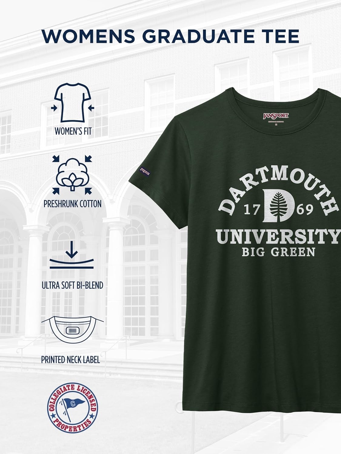 image:imageJanSport NCAA Officially Licensed Graduate Short Sleeve T Shirt for Women Soft amp Breathable CottonPolyester Blend Crewneck T Shirt with Graphic Detailing Everyday University Fan ApparelDartmouth Big Green
