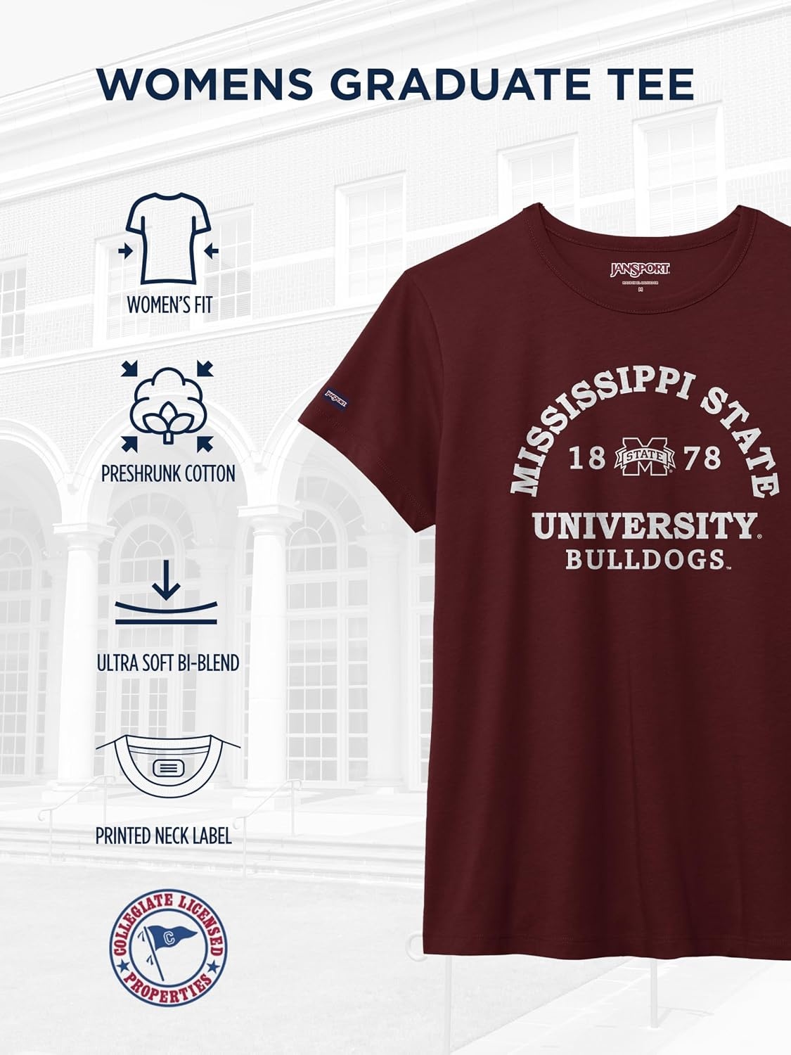 image:imageJanSport NCAA Officially Licensed Graduate Short Sleeve T Shirt for Women Soft amp Breathable CottonPolyester Blend Crewneck T Shirt with Graphic Detailing Everyday University Fan ApparelMississippi State Bulldogs