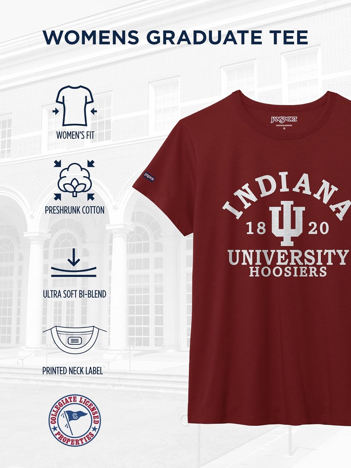image:imageJanSport NCAA Officially Licensed Graduate Short Sleeve T Shirt for Women Soft amp Breathable CottonPolyester Blend Crewneck T Shirt with Graphic Detailing Everyday University Fan ApparelIndiana Hoosiers