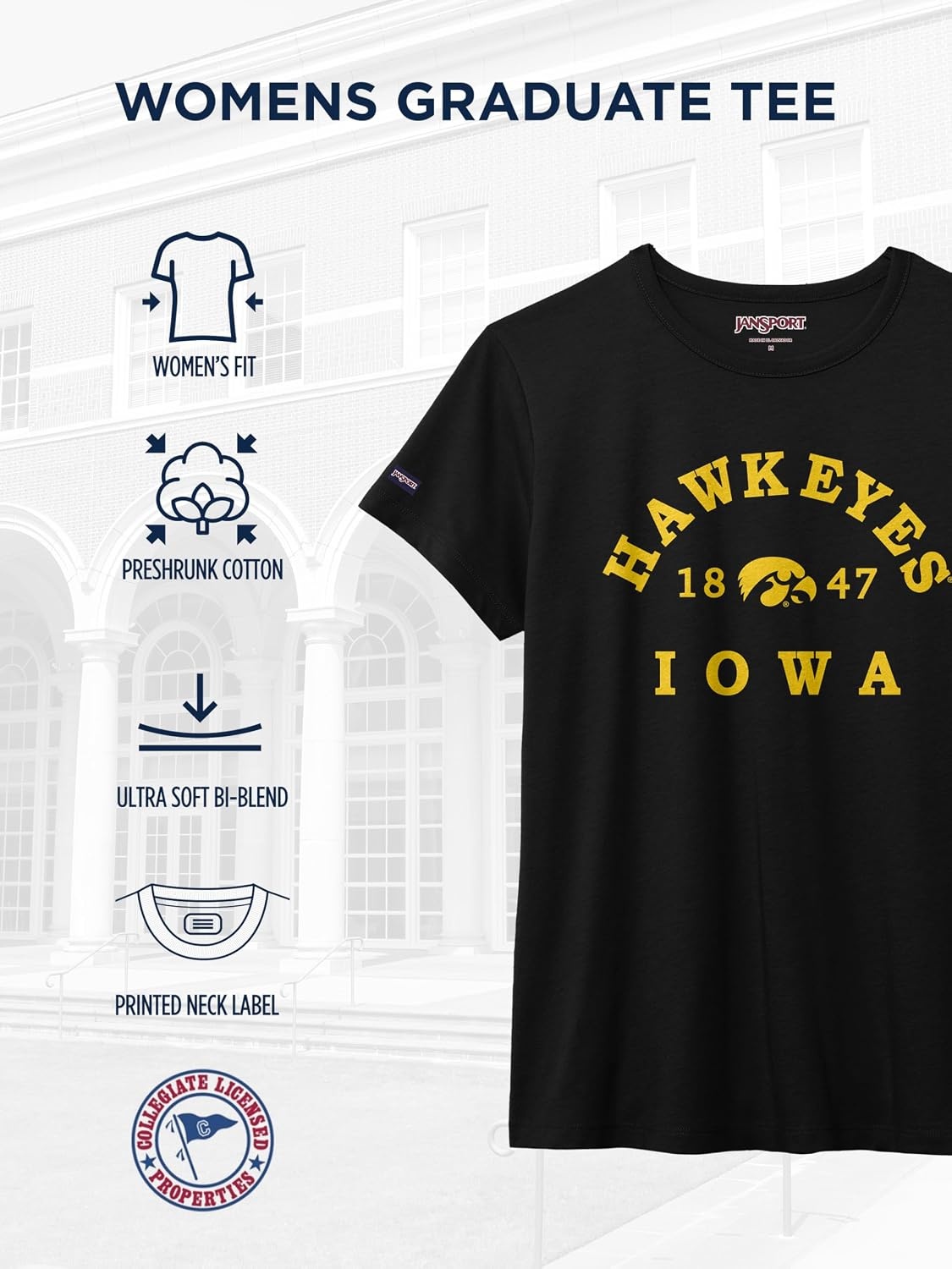 image:imageJanSport NCAA Officially Licensed Graduate Short Sleeve T Shirt for Women Soft amp Breathable CottonPolyester Blend Crewneck T Shirt with Graphic Detailing Everyday University Fan ApparelIowa Hawkeyes