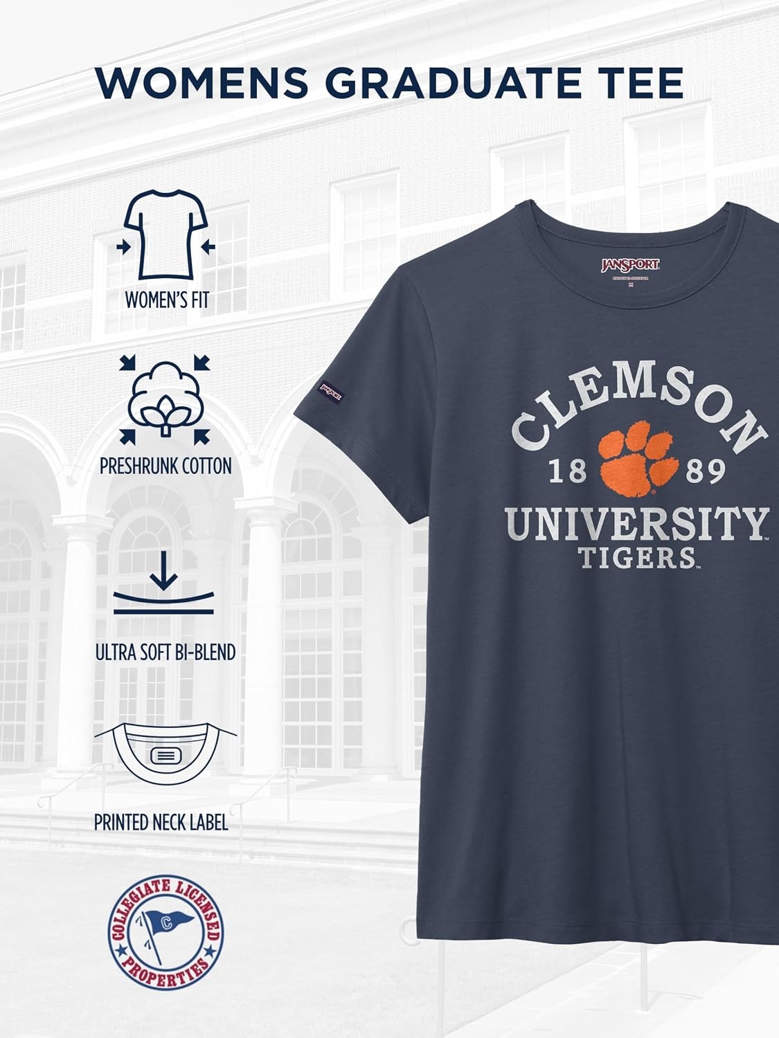 image:imageJanSport NCAA Officially Licensed Graduate Short Sleeve T Shirt for Women Soft amp Breathable CottonPolyester Blend Crewneck T Shirt with Graphic Detailing Everyday University Fan ApparelClemson Tigers