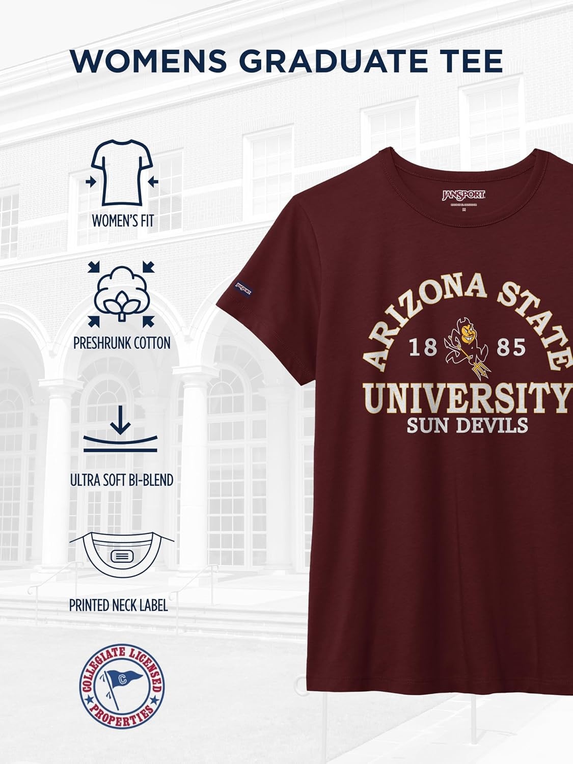 image:imageJanSport NCAA Officially Licensed Graduate Short Sleeve T Shirt for Women Soft amp Breathable CottonPolyester Blend Crewneck T Shirt with Graphic Detailing Everyday University Fan ApparelArizona State Sun Devils