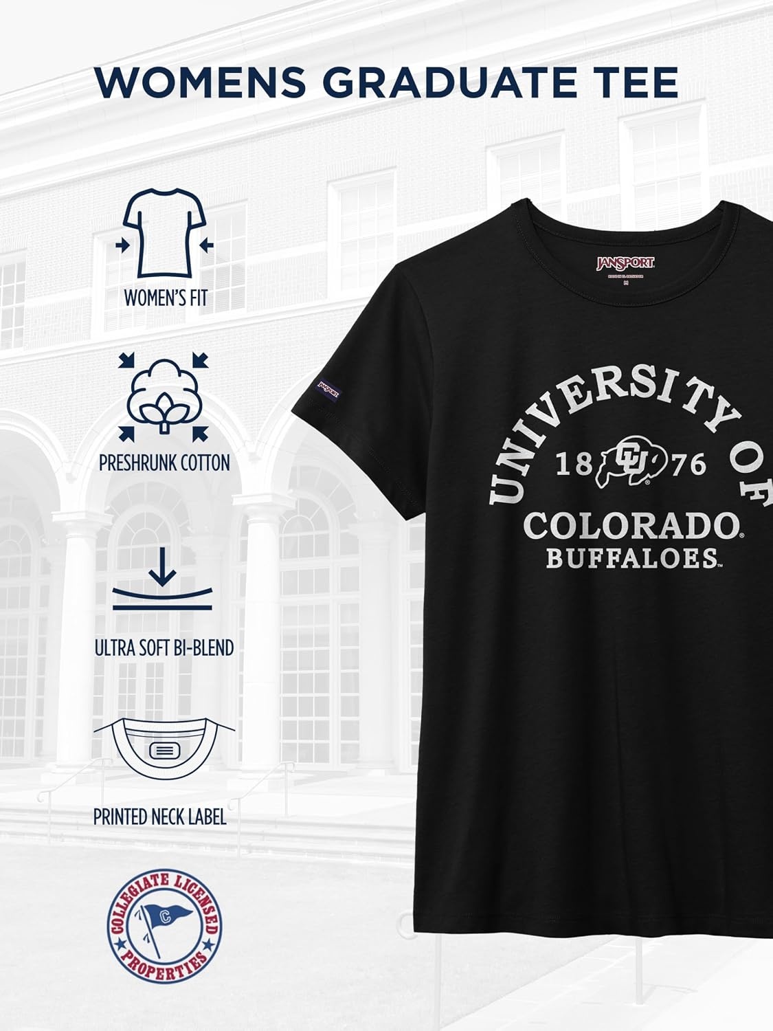 image:imageJanSport NCAA Officially Licensed Graduate Short Sleeve T Shirt for Women Soft amp Breathable CottonPolyester Blend Crewneck T Shirt with Graphic Detailing Everyday University Fan ApparelColorado Buffaloes