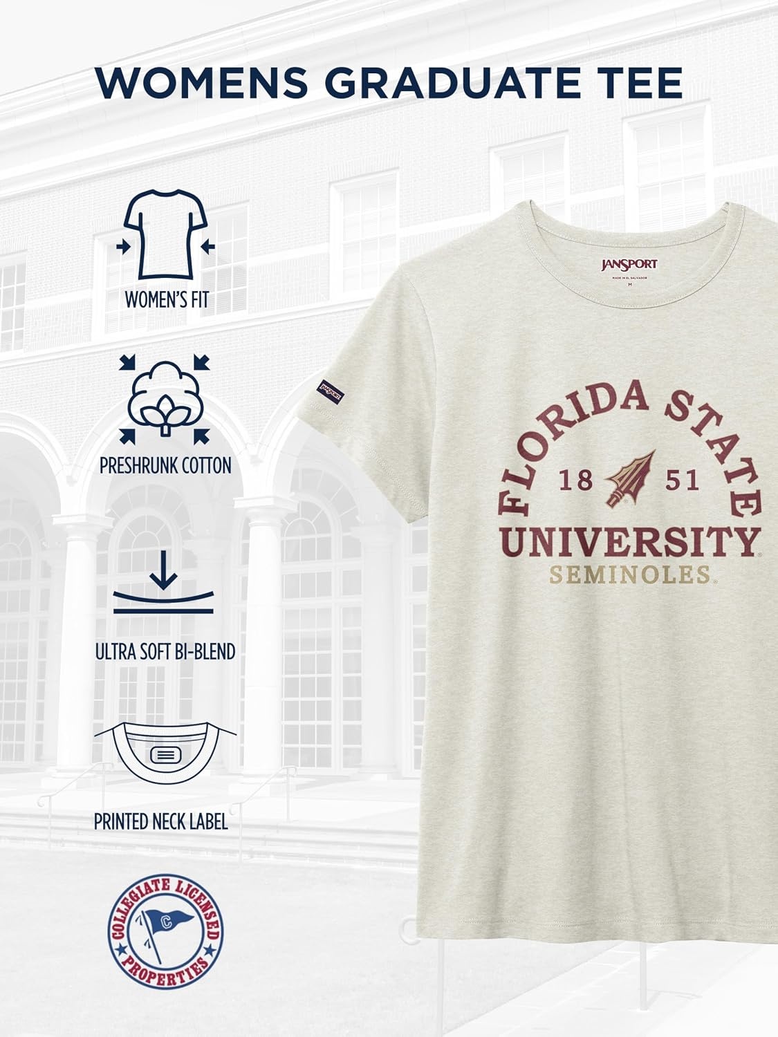 image:imageJanSport NCAA Officially Licensed Graduate Short Sleeve T Shirt for Women Soft amp Breathable CottonPolyester Blend Crewneck T Shirt with Graphic Detailing Everyday University Fan ApparelFlorida State Seminoles