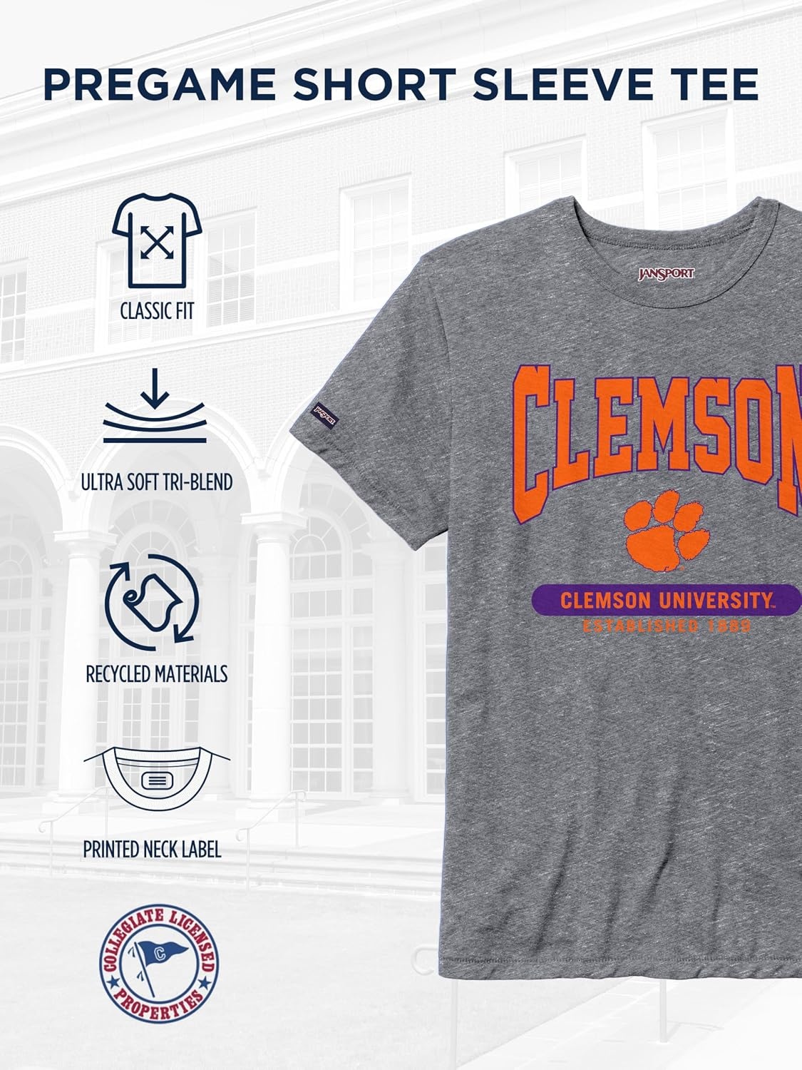 image:imageJanSport NCAA Officially Licensed Pregame Short Sleeve T Shirt for Men Soft amp Breathable Triblend Crewneck T ShirtClemson Tigers