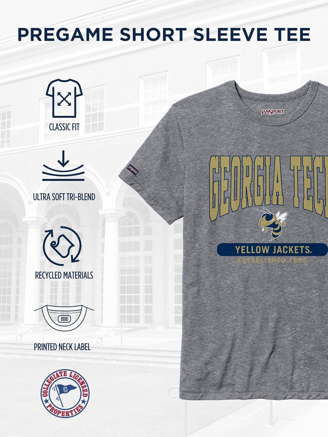image:imageJanSport NCAA Officially Licensed Pregame Short Sleeve T Shirt for Men Soft amp Breathable Triblend Crewneck T ShirtGeorgia Tech Yellow Jackets