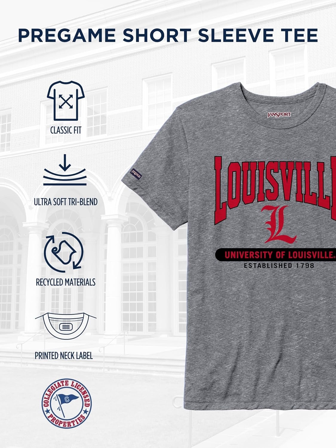 image:imageJanSport NCAA Officially Licensed Pregame Short Sleeve T Shirt for Men Soft amp Breathable Triblend Crewneck T ShirtLouisville Cardinals