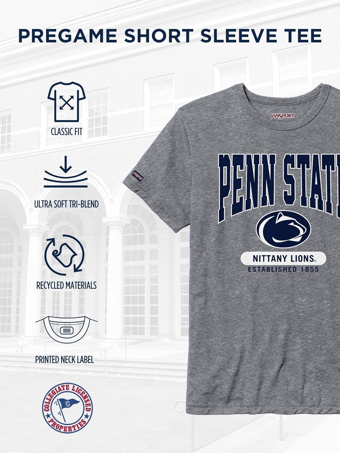 image:imageJanSport NCAA Officially Licensed Pregame Short Sleeve T Shirt for Men Soft amp Breathable Triblend Crewneck T ShirtPenn State Nittany Lions