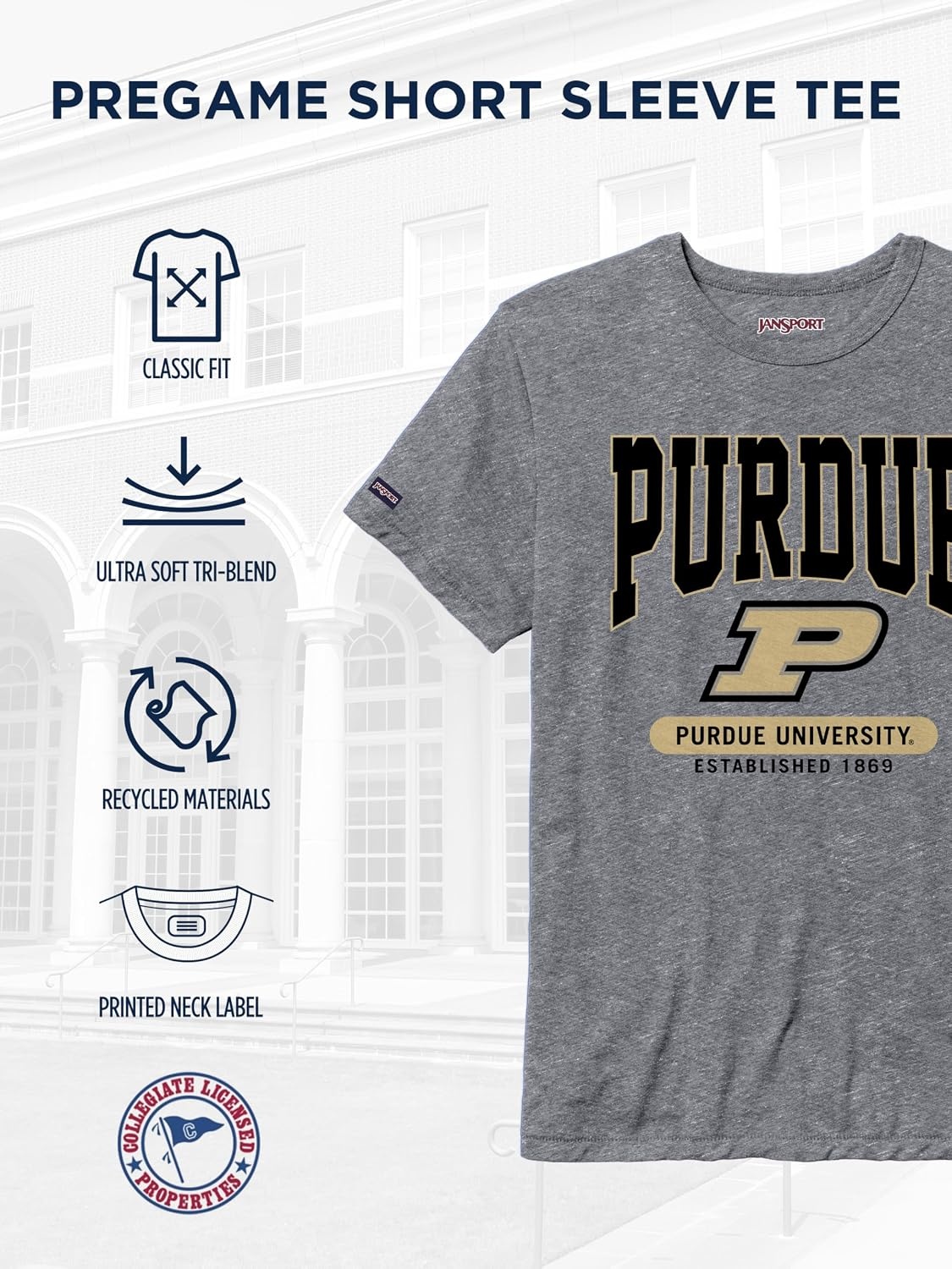 image:imageJanSport NCAA Officially Licensed Pregame Short Sleeve T Shirt for Men Soft amp Breathable Triblend Crewneck T ShirtPurdue Boilermakers