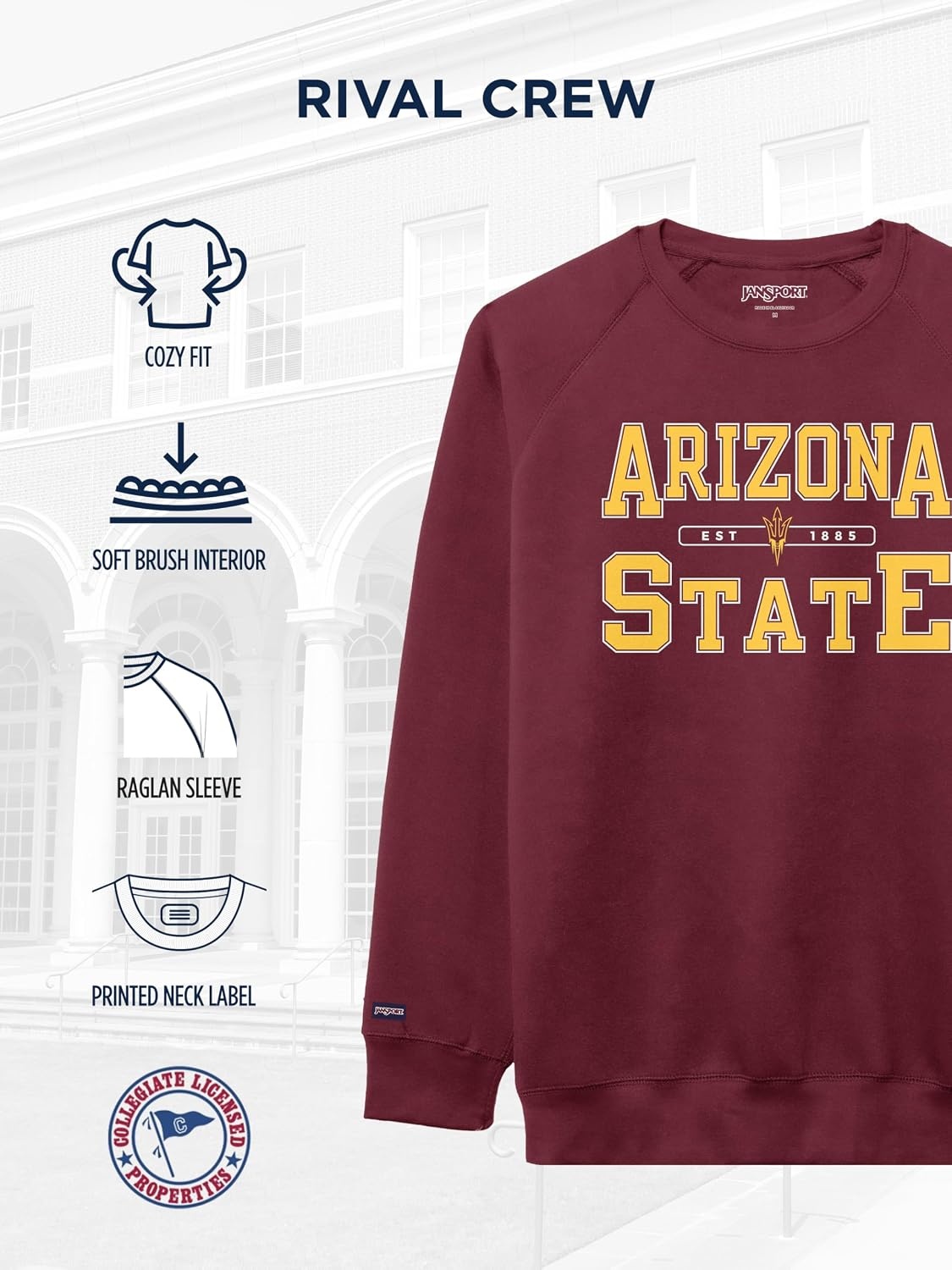 image:imageJanSport NCAA Officially Licensed Rival Crew Sweatshirt Long Sleeve Graphic Pullover for Men Women CottonPolyester BlendArizona State Sun Devils