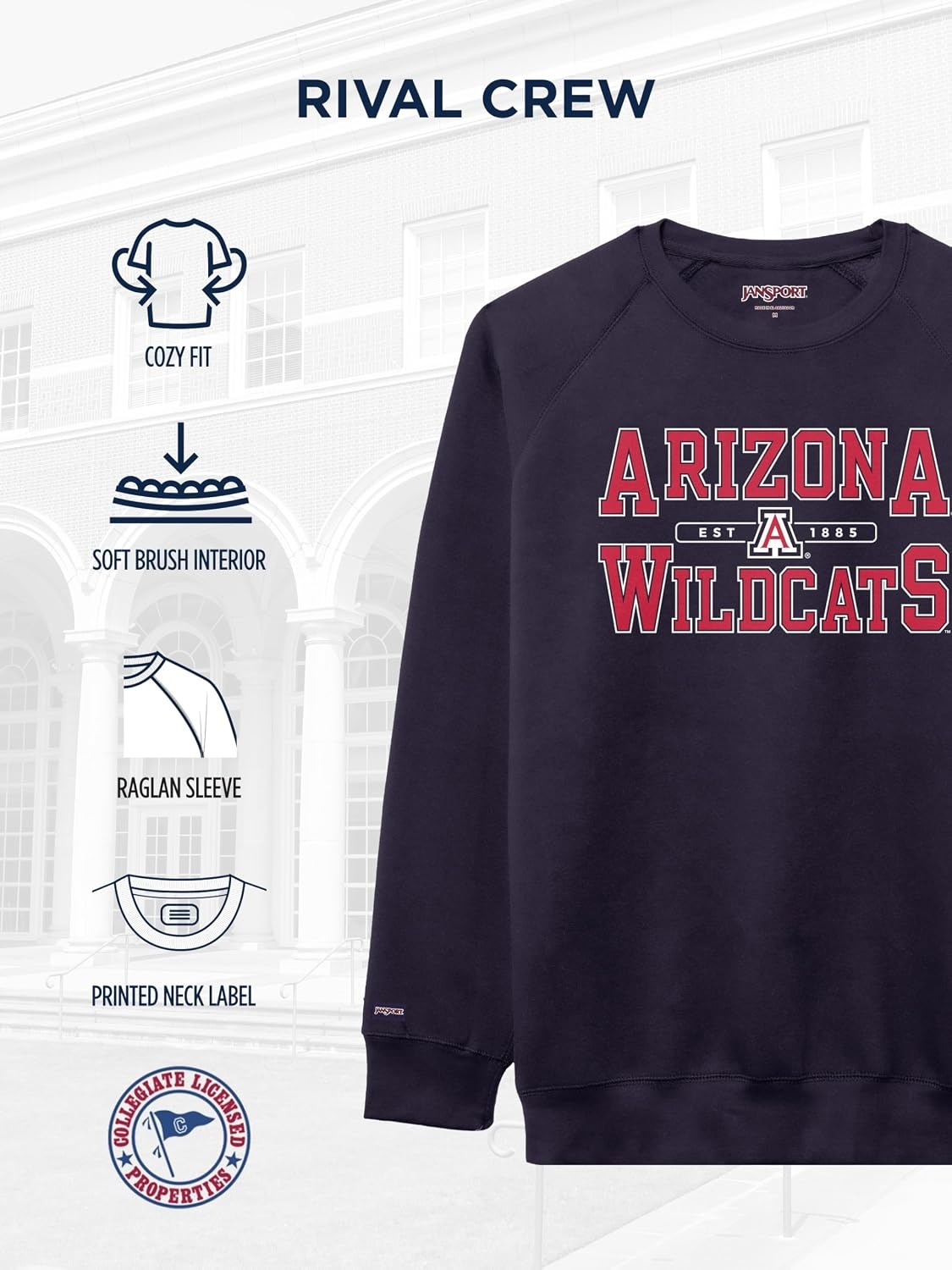 image:imageJanSport NCAA Officially Licensed Rival Crew Sweatshirt Long Sleeve Graphic Pullover for Men Women CottonPolyester BlendArizona Wildcats