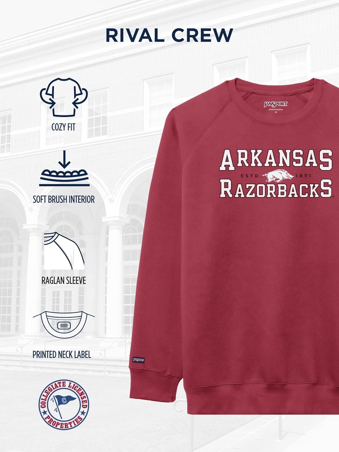 image:imageJanSport NCAA Officially Licensed Rival Crew Sweatshirt Long Sleeve Graphic Pullover for Men Women CottonPolyester BlendArkansas Razorbacks