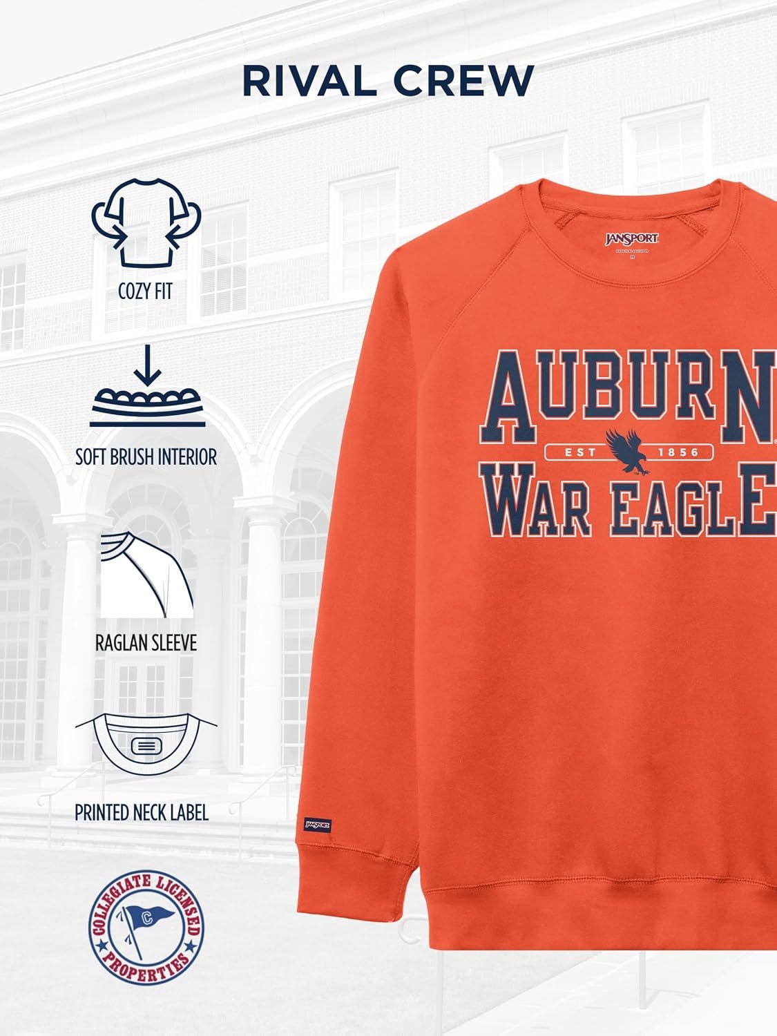 image:imageJanSport NCAA Officially Licensed Rival Crew Sweatshirt Long Sleeve Graphic Pullover for Men Women CottonPolyester BlendAuburn Tigers