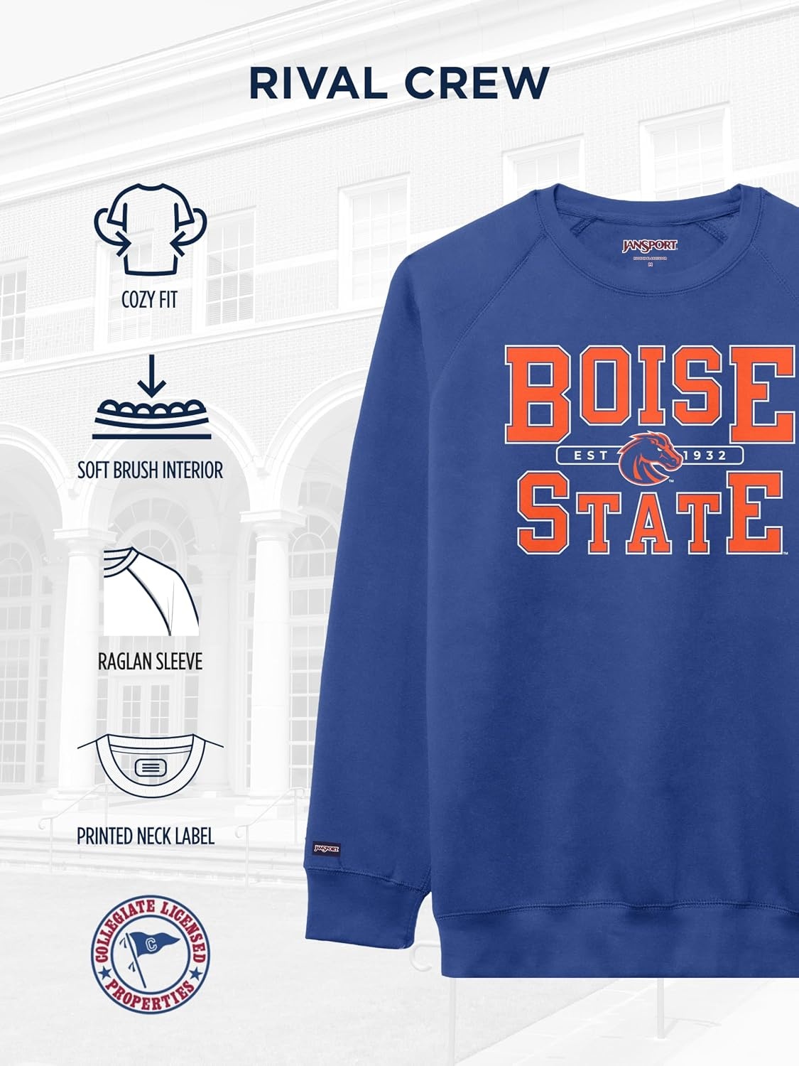 image:imageJanSport NCAA Officially Licensed Rival Crew Sweatshirt Long Sleeve Graphic Pullover for Men Women CottonPolyester BlendBoise State Broncos