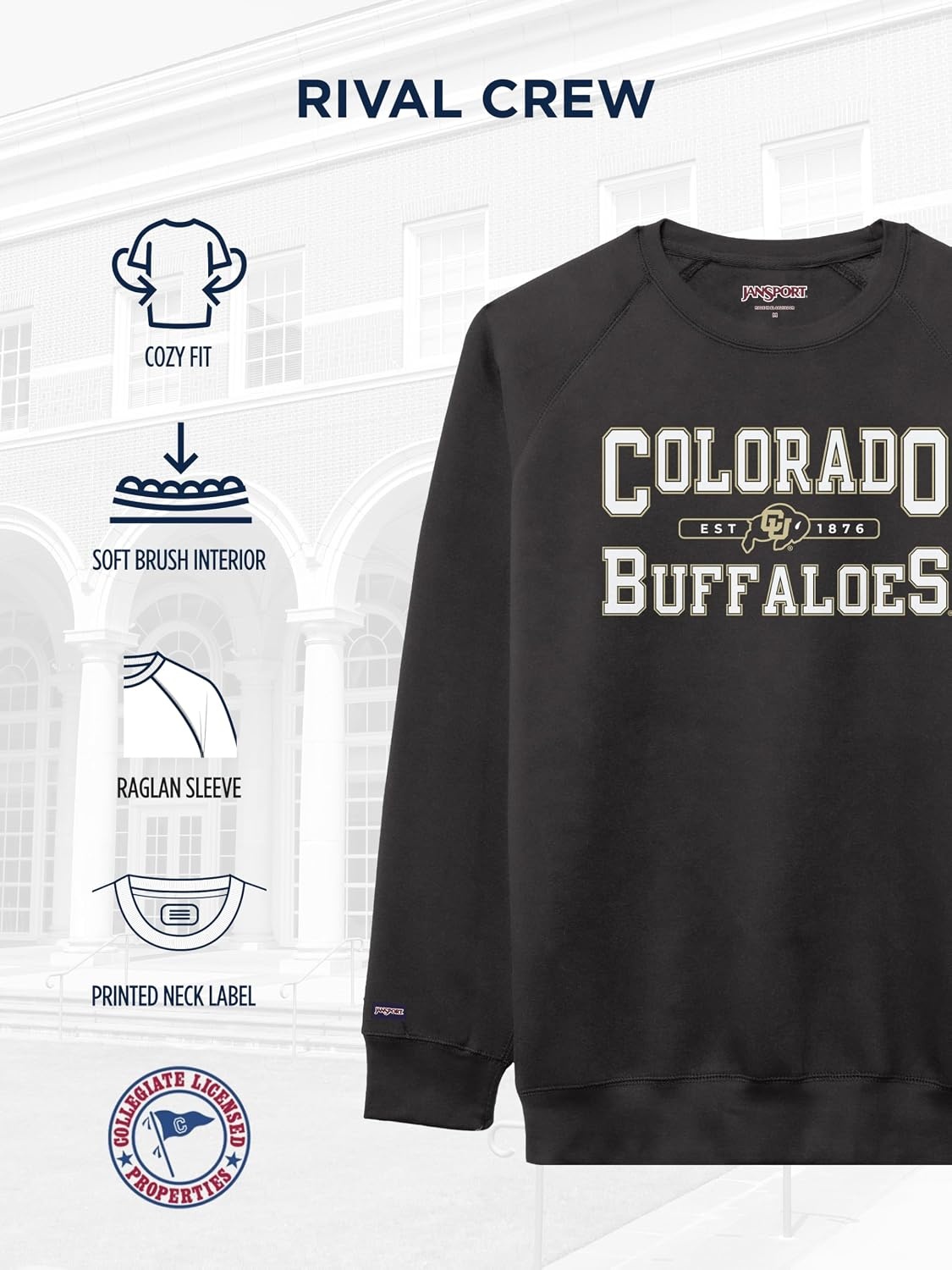 image:imageJanSport NCAA Officially Licensed Rival Crew Sweatshirt Long Sleeve Graphic Pullover for Men Women CottonPolyester BlendColorado Buffaloes