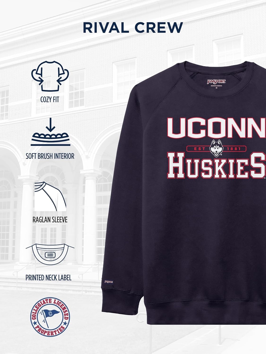 image:imageJanSport NCAA Officially Licensed Rival Crew Sweatshirt Long Sleeve Graphic Pullover for Men Women CottonPolyester BlendConnecticut Huskies