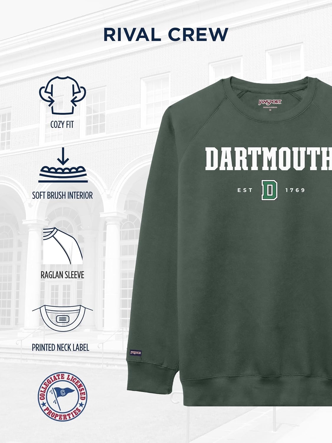image:imageJanSport NCAA Officially Licensed Rival Crew Sweatshirt Long Sleeve Graphic Pullover for Men Women CottonPolyester BlendDartmouth Big Green