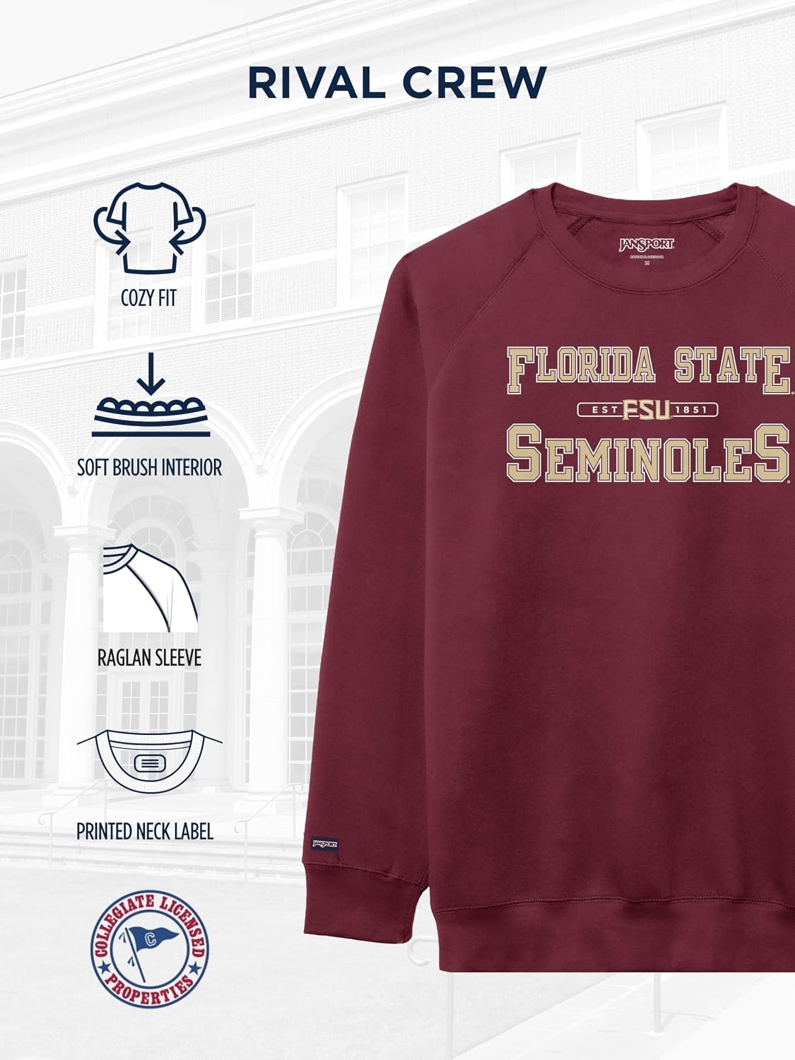 image:imageJanSport NCAA Officially Licensed Rival Crew Sweatshirt Long Sleeve Graphic Pullover for Men Women CottonPolyester BlendFlorida State Seminoles