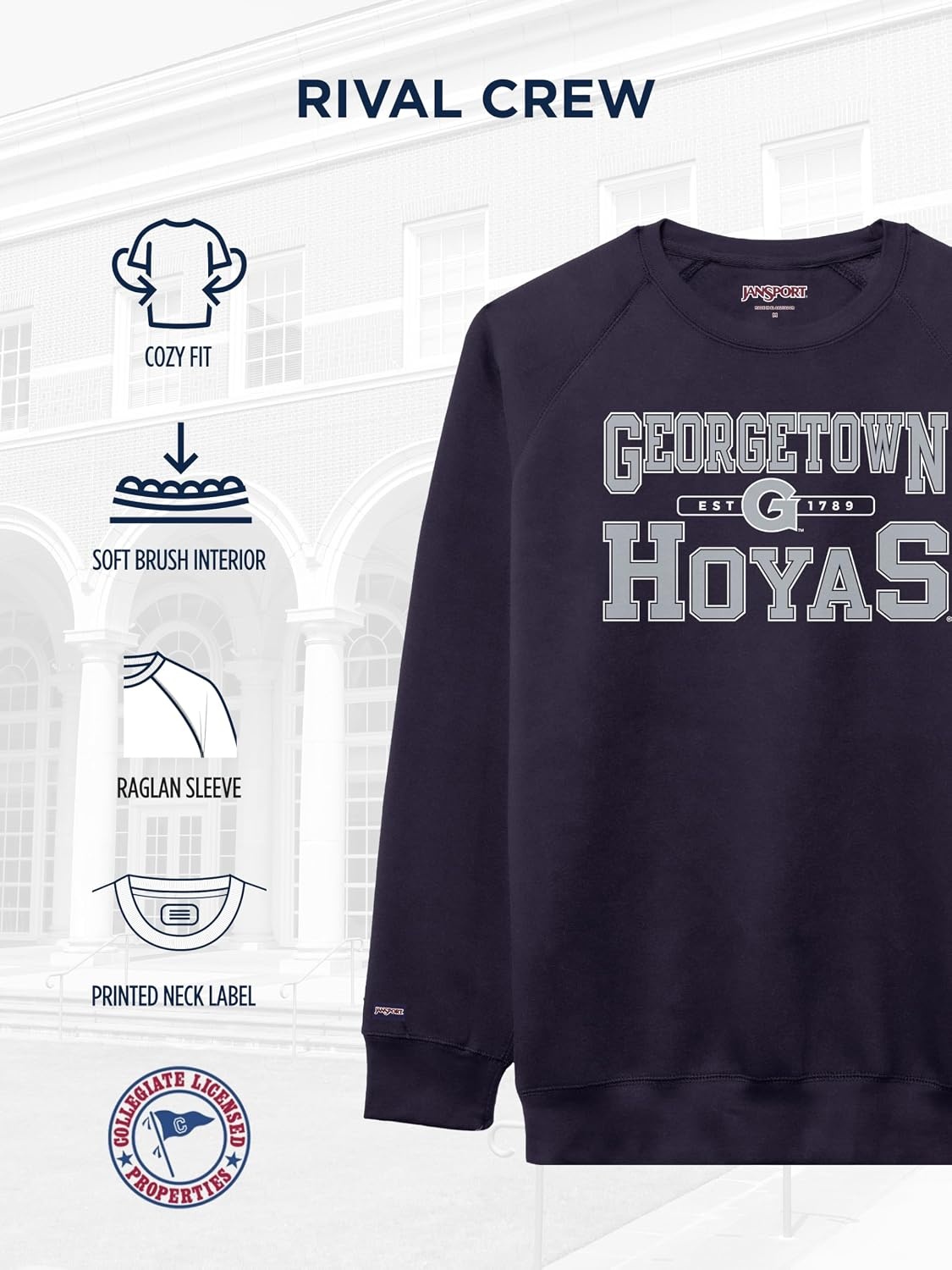 image:imageJanSport NCAA Officially Licensed Rival Crew Sweatshirt Long Sleeve Graphic Pullover for Men Women CottonPolyester BlendGeorgetown Hoyas