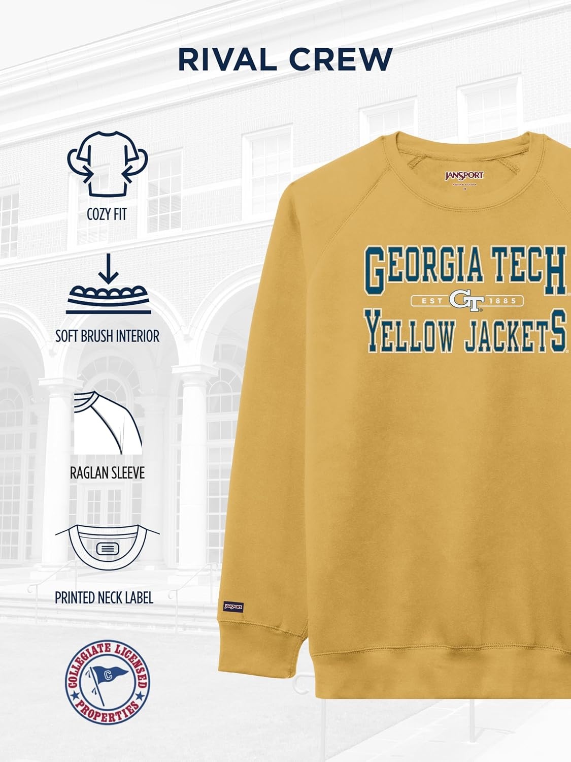 image:imageJanSport NCAA Officially Licensed Rival Crew Sweatshirt Long Sleeve Graphic Pullover for Men Women CottonPolyester BlendGeorgia Tech Yellow Jackets